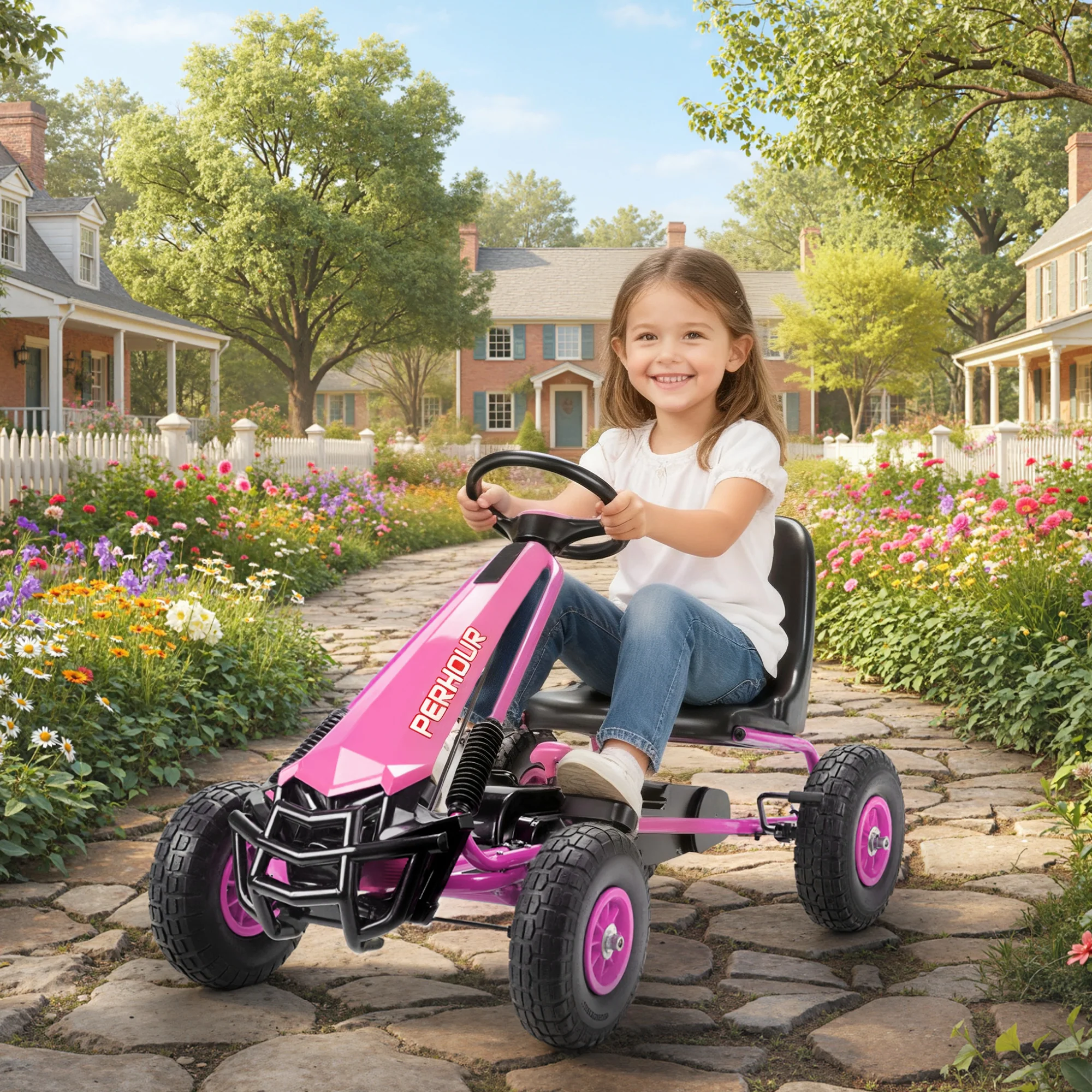 AIYAPLAY Kids Pedal Go Kart With Adjustable Seat, EVA Tyres, Pink - Image 2