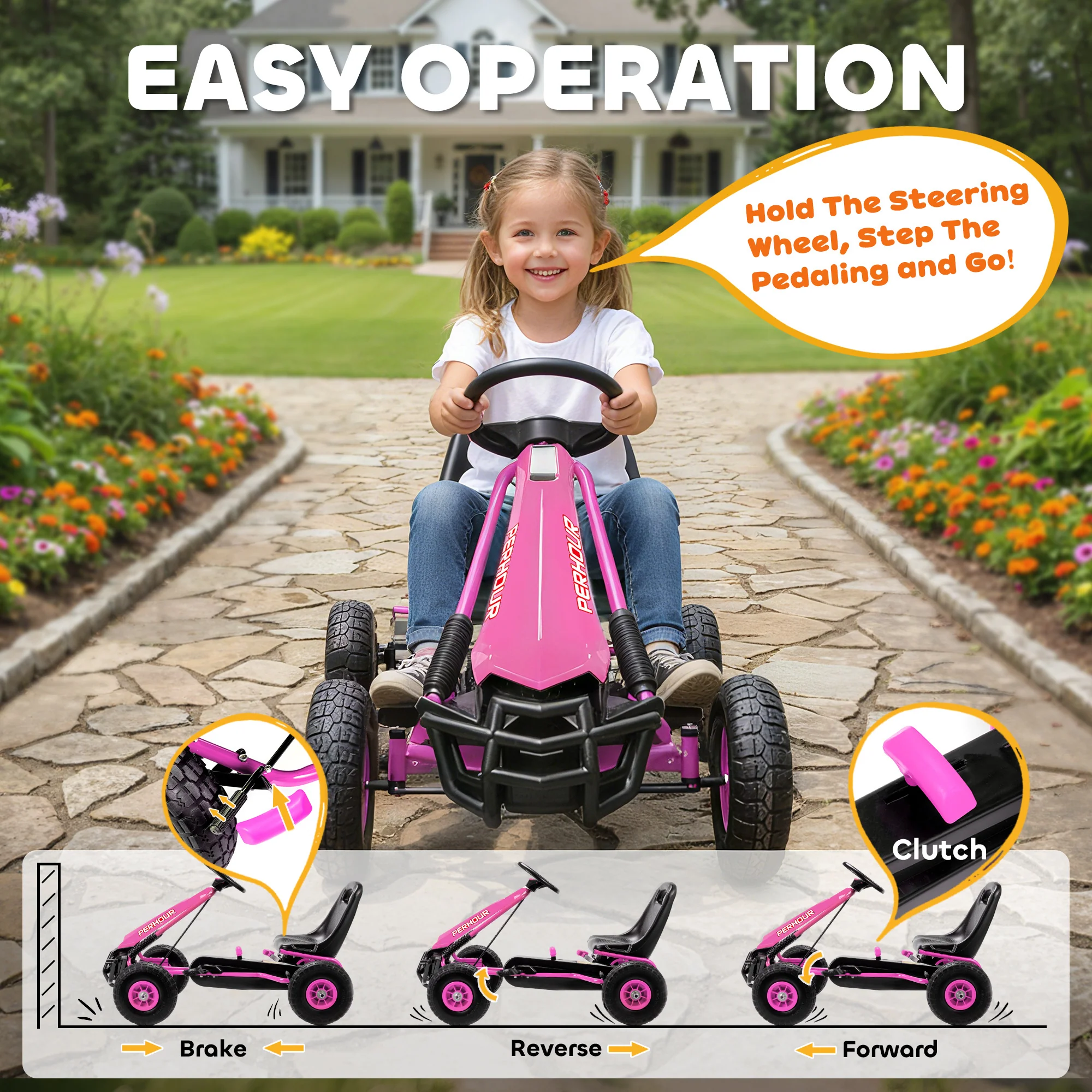 AIYAPLAY Kids Pedal Go Kart With Adjustable Seat, EVA Tyres, Pink - Image 3