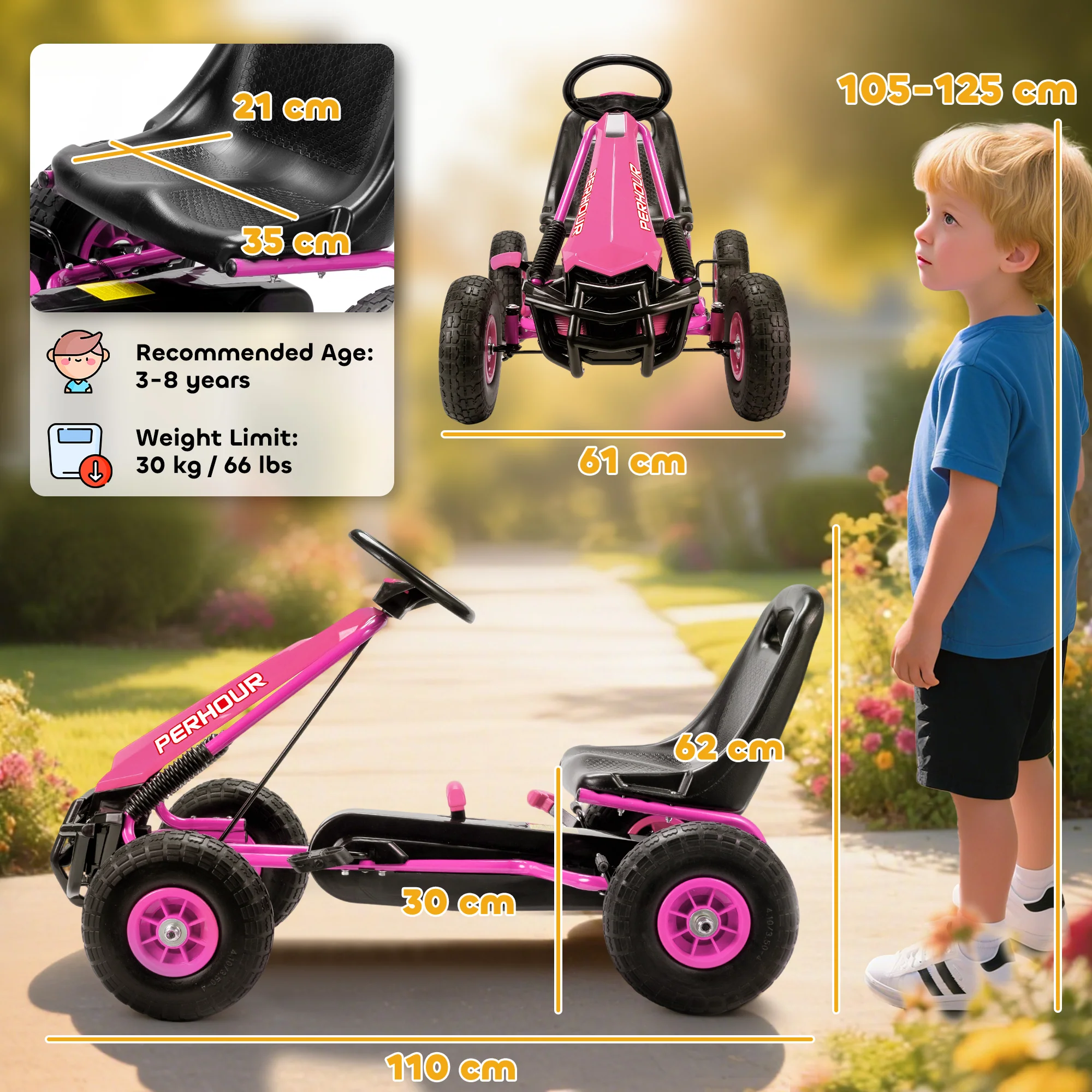 AIYAPLAY Kids Pedal Go Kart With Adjustable Seat, EVA Tyres, Pink - Image 5