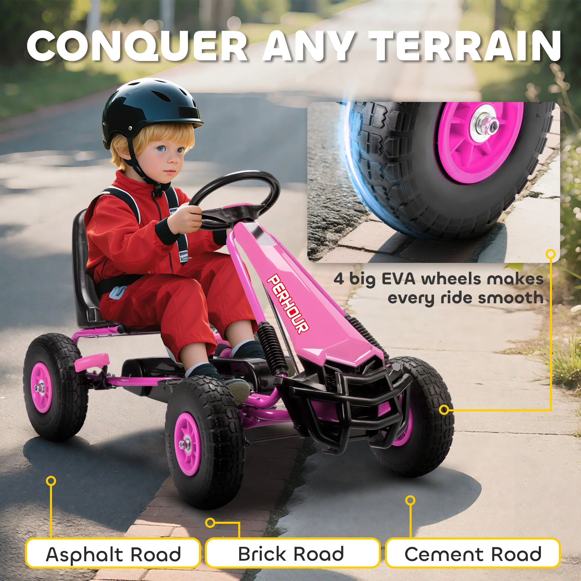 AIYAPLAY Kids Pedal Go Kart With Adjustable Seat, EVA Tyres, Pink - Image 6