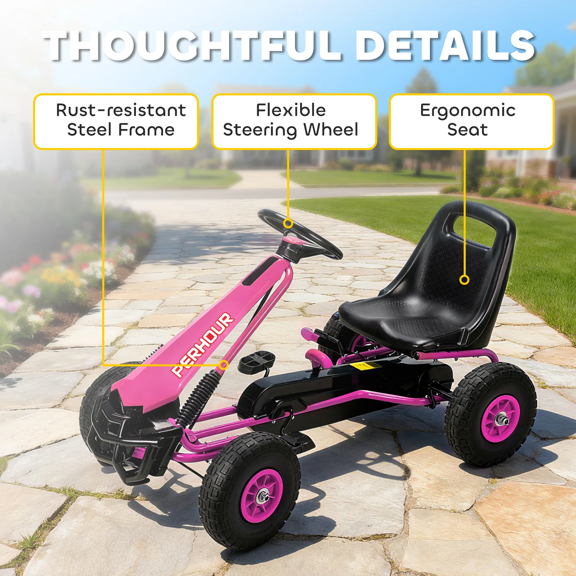 AIYAPLAY Kids Pedal Go Kart With Adjustable Seat, EVA Tyres, Pink - Image 7