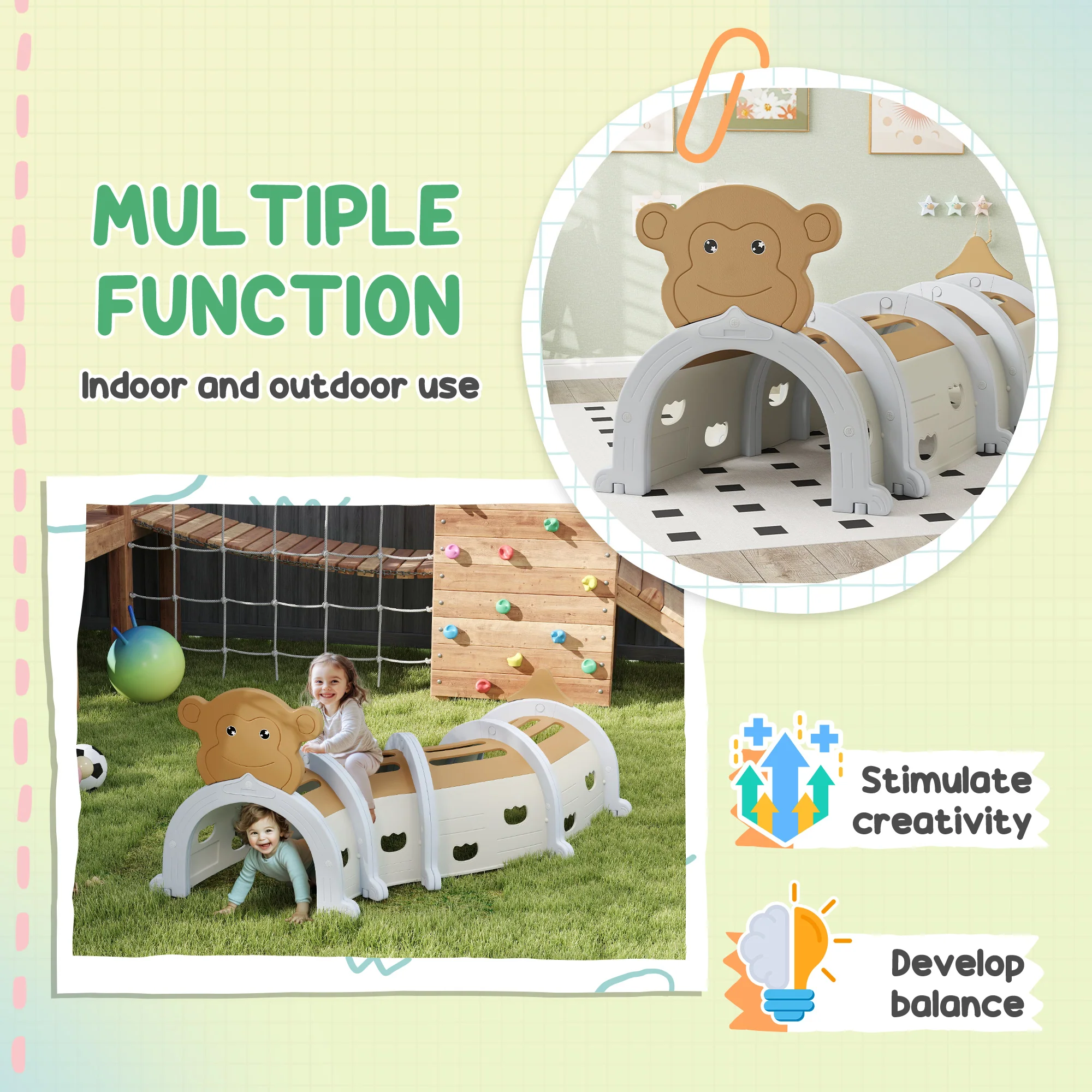 AIYAPLAY Kids Play Tunnel For Crawl And Climb, Monkey Design, Brown - Image 3