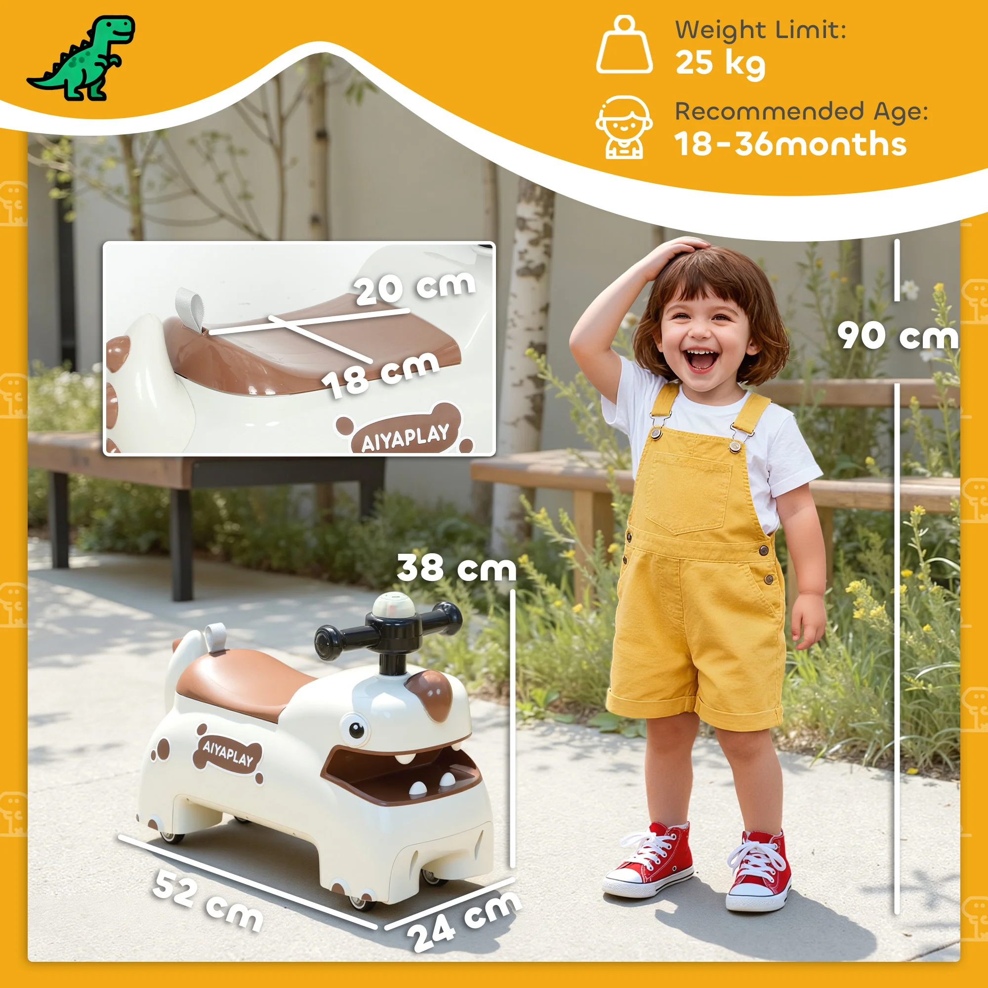 AIYAPLAY Kids Ride On Car, Dinosaur Shape Toddler Walker, Cream - Image 5
