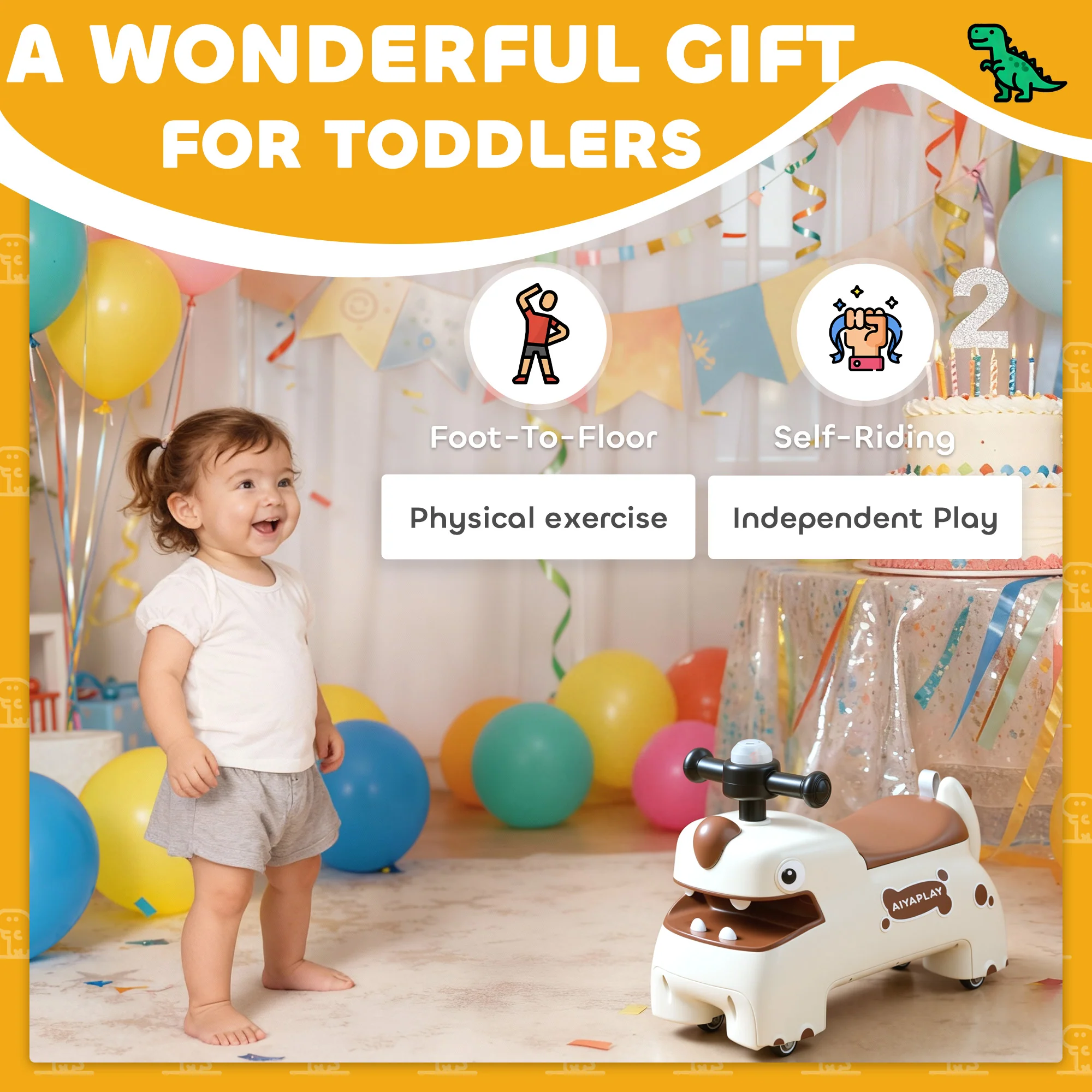 AIYAPLAY Kids Ride On Car, Dinosaur Shape Toddler Walker, Cream - Image 7