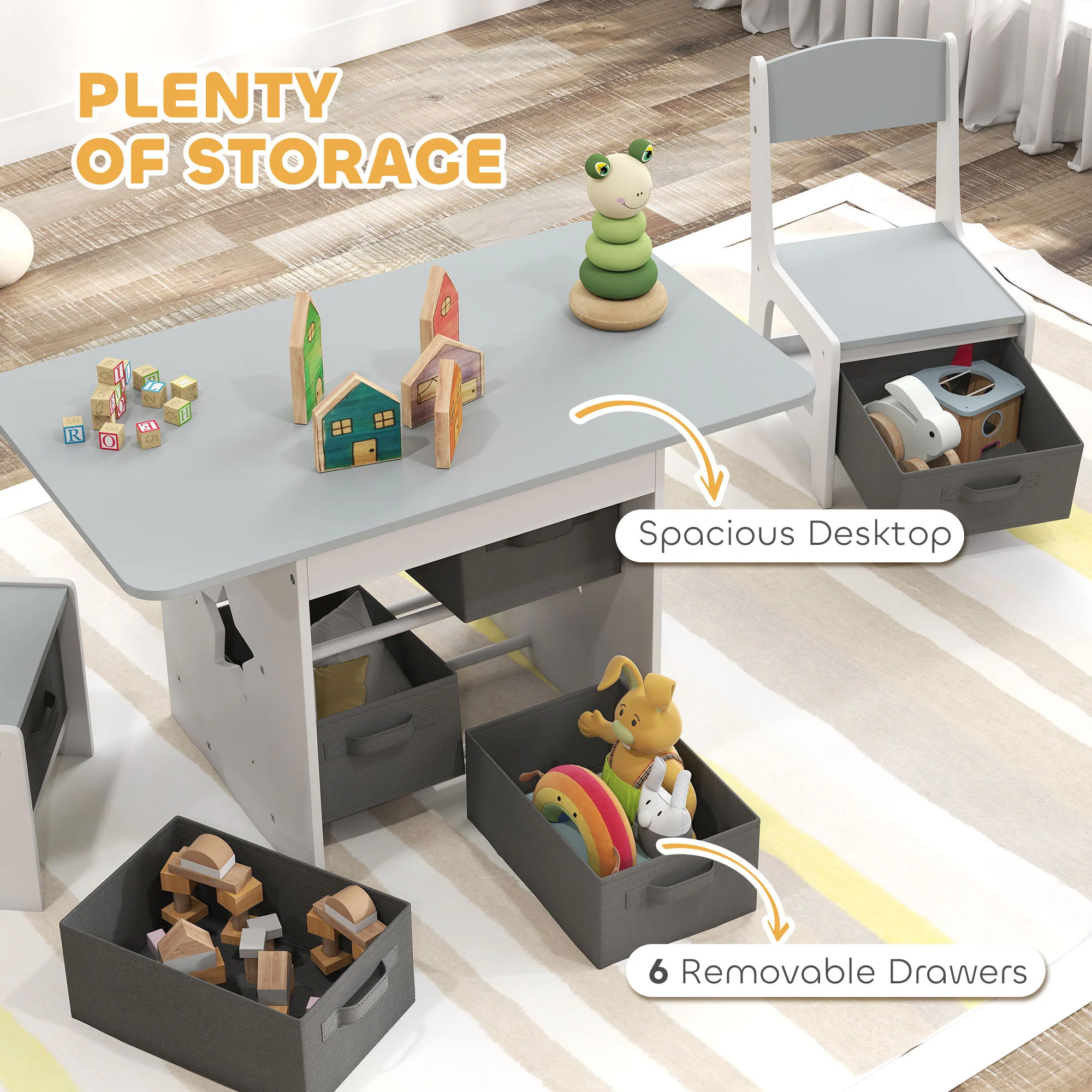 AIYAPLAY Kids Table and Chair Set with 6 Removable Drawers, Light Grey - Image 4