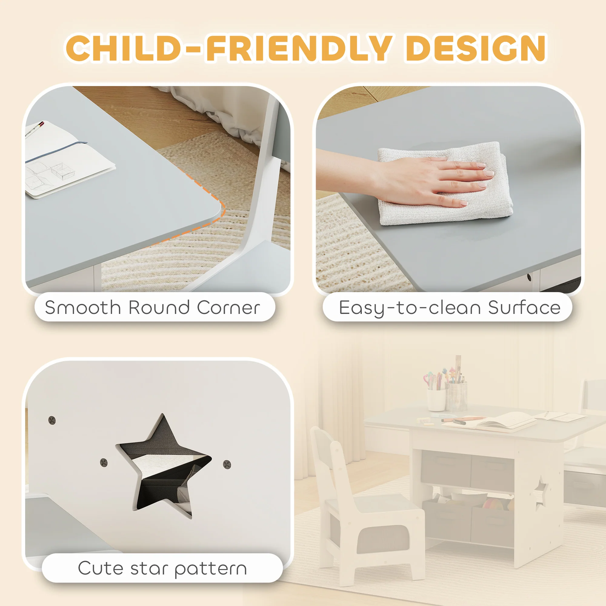 AIYAPLAY Kids Table and Chair Set with 6 Removable Drawers, Light Grey - Image 6