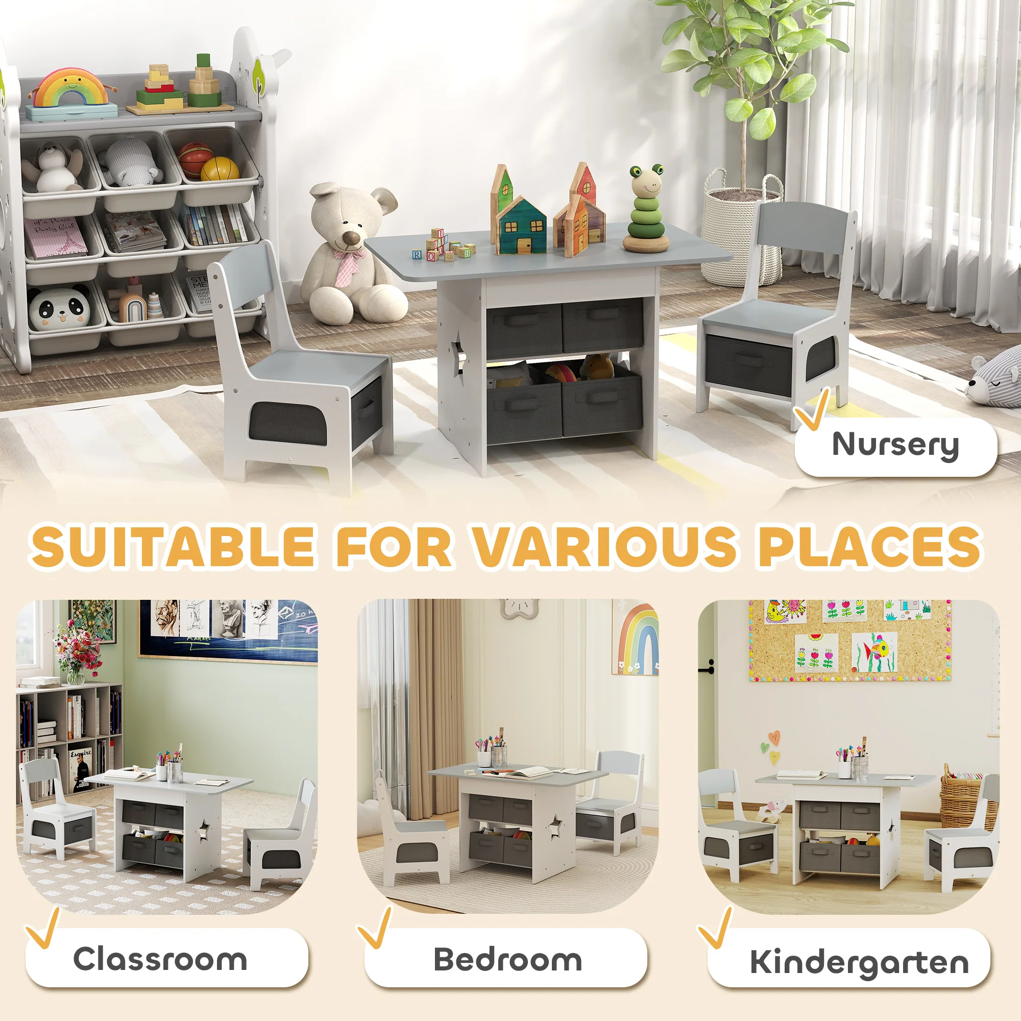 AIYAPLAY Kids Table and Chair Set with 6 Removable Drawers, Light Grey - Image 7
