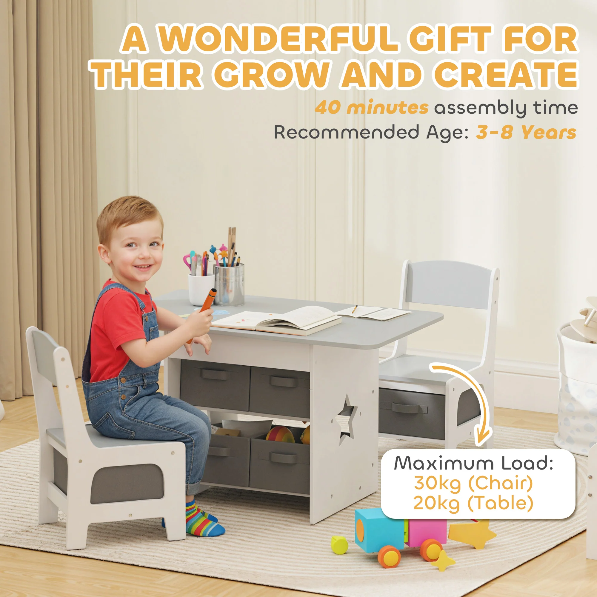 AIYAPLAY Kids Table and Chair Set with 6 Removable Drawers, Light Grey - Image 8