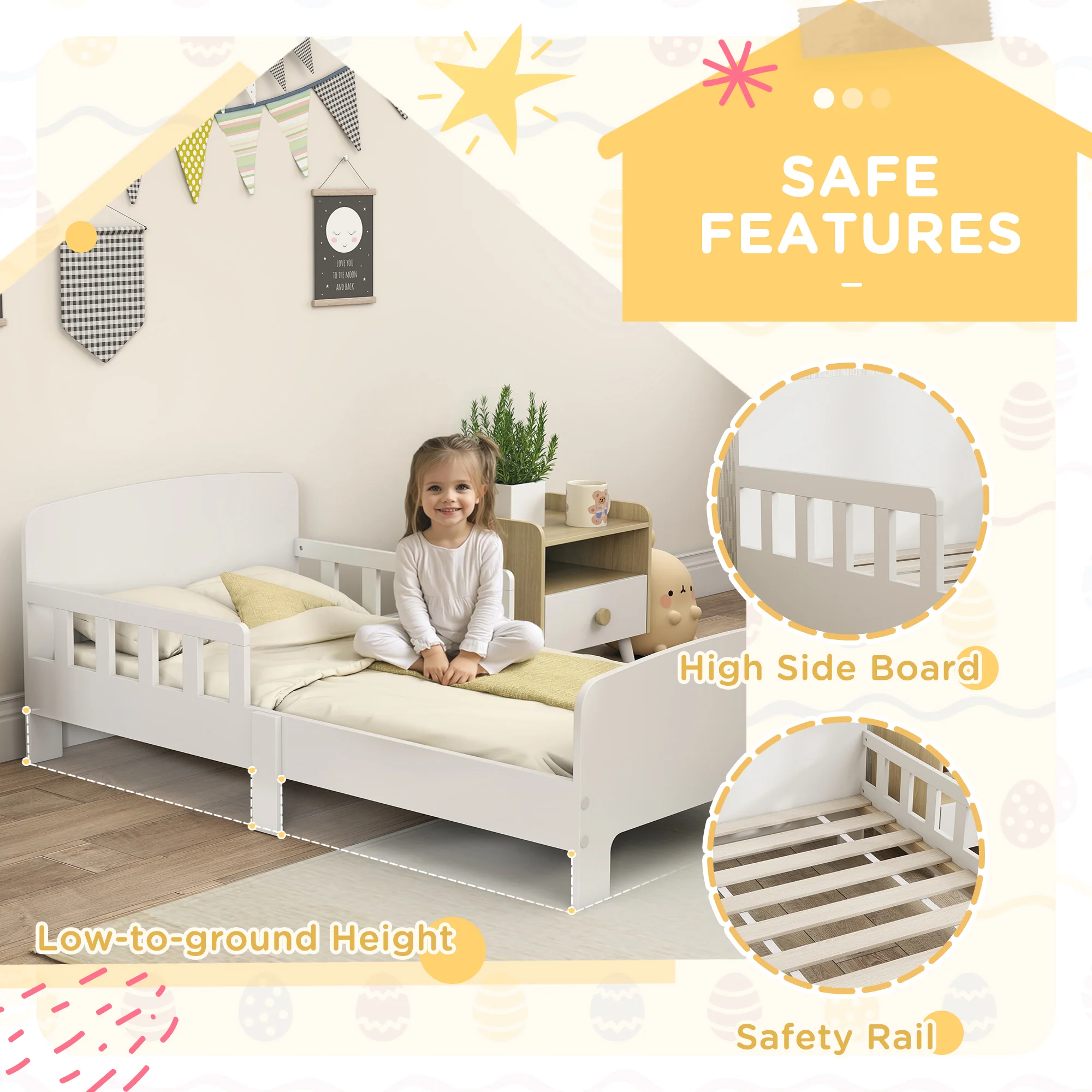 AIYAPLAY Kids Toddler Bed Frame with Safety Side Rails for 3-8 Years, White - Image 3