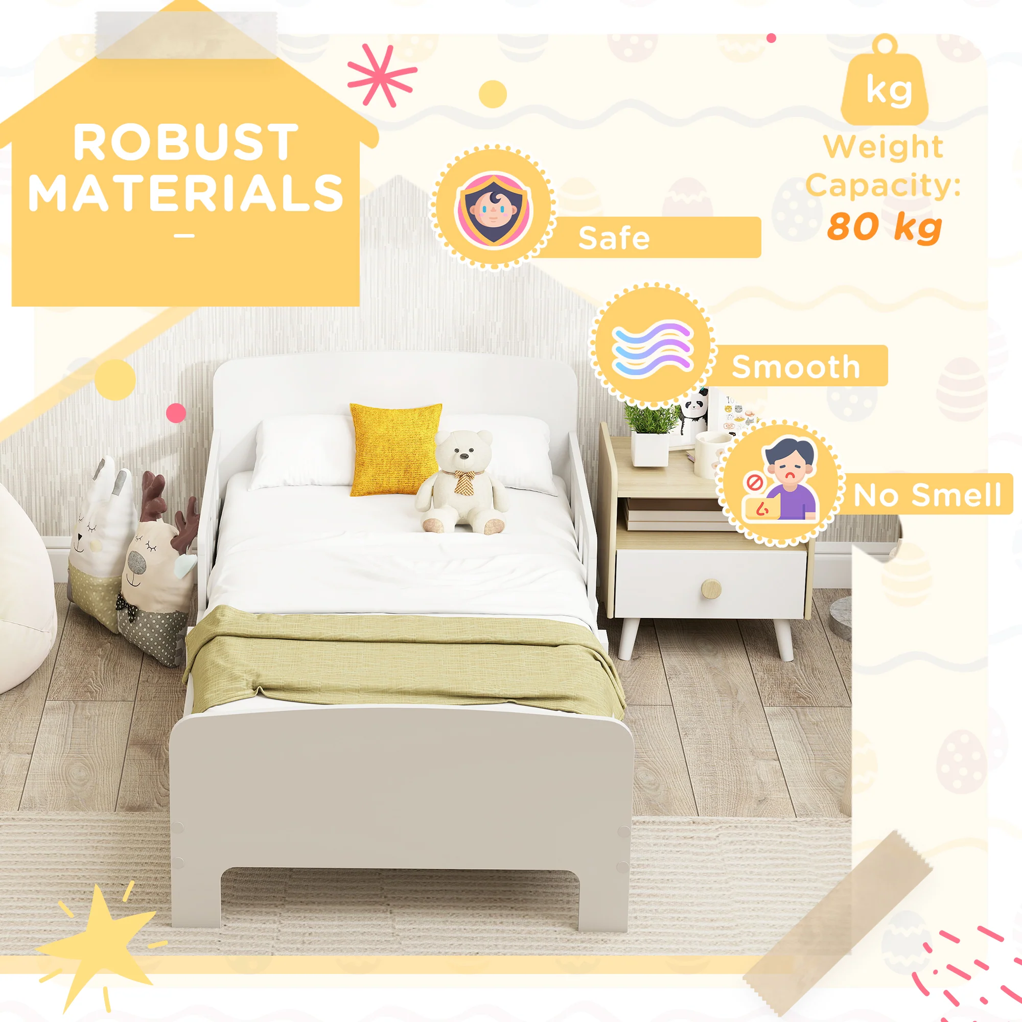 AIYAPLAY Kids Toddler Bed Frame with Safety Side Rails for 3-8 Years, White - Image 4