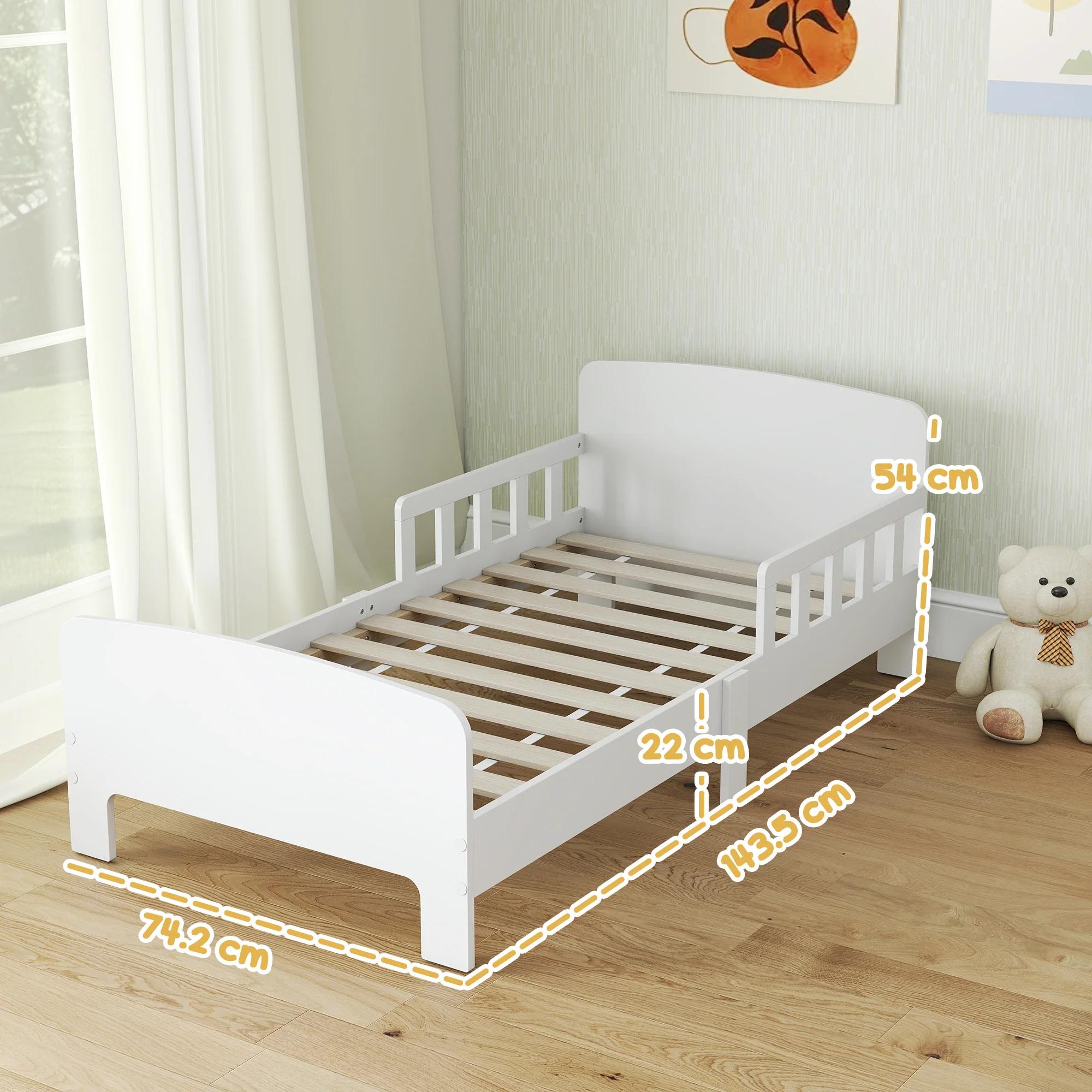 AIYAPLAY Kids Toddler Bed Frame with Safety Side Rails for 3-8 Years, White - Image 5