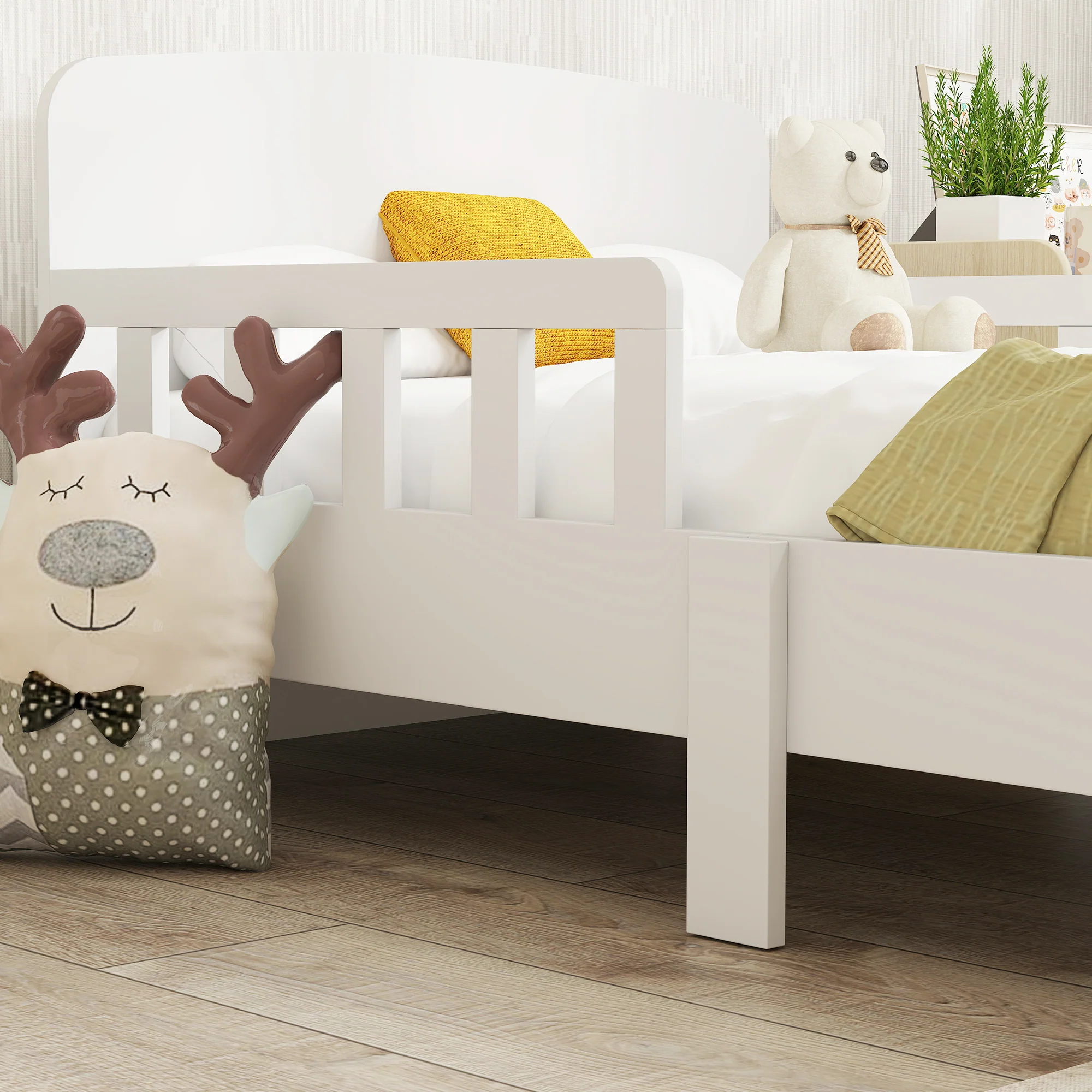 AIYAPLAY Kids Toddler Bed Frame with Safety Side Rails for 3-8 Years, White - Image 7