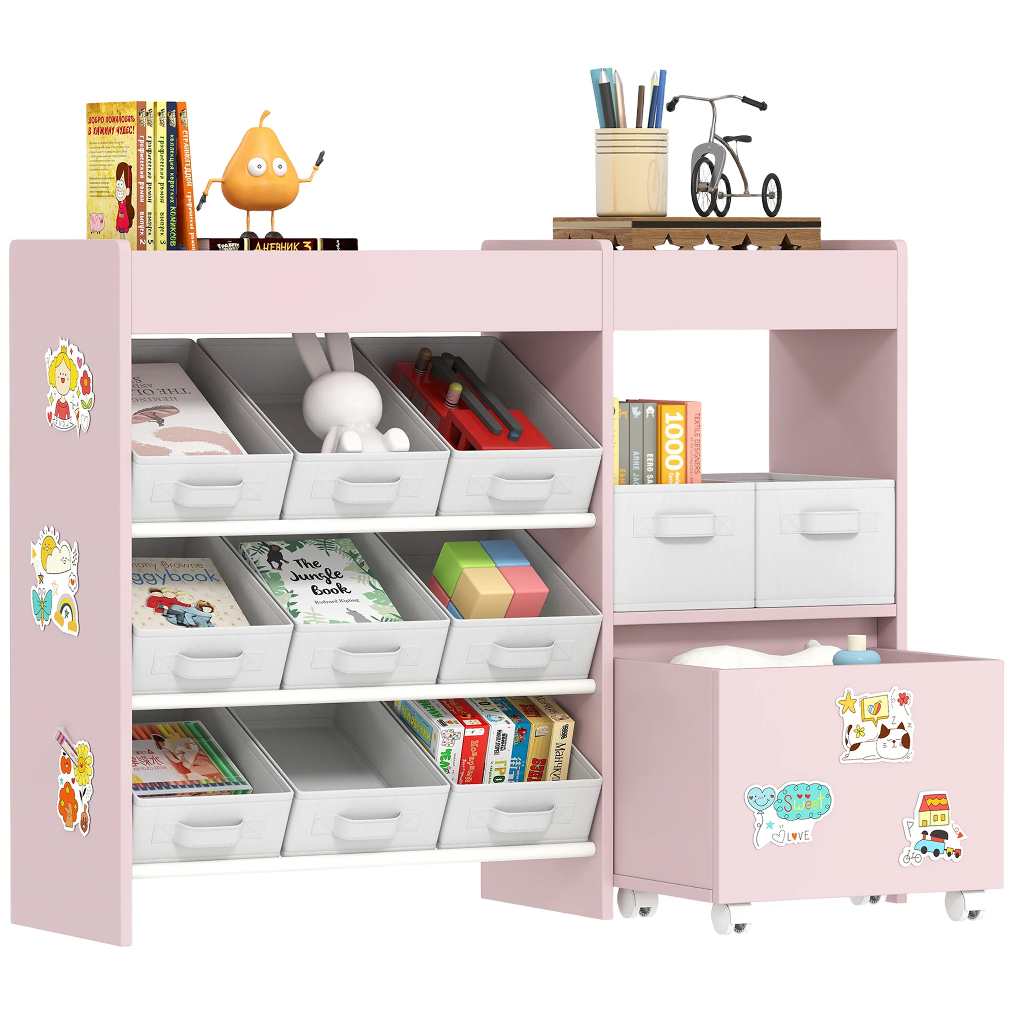 AIYAPLAY Kids Toy Storage Unit With 11 Fabric Bins, 3 Stickers, Pink