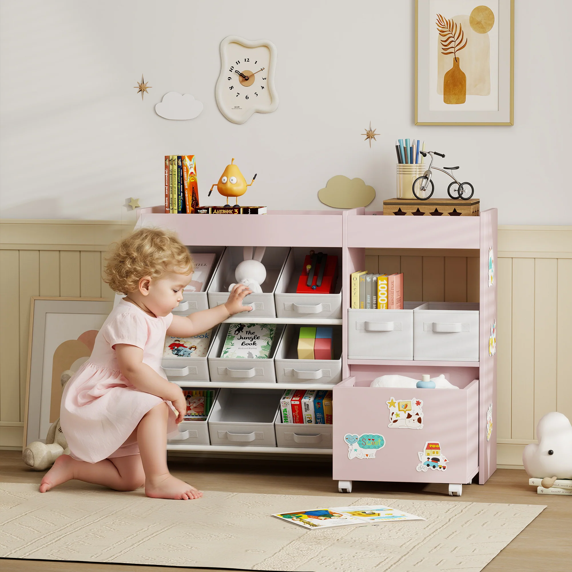 AIYAPLAY Kids Toy Storage Unit With 11 Fabric Bins, 3 Stickers, Pink - Image 2