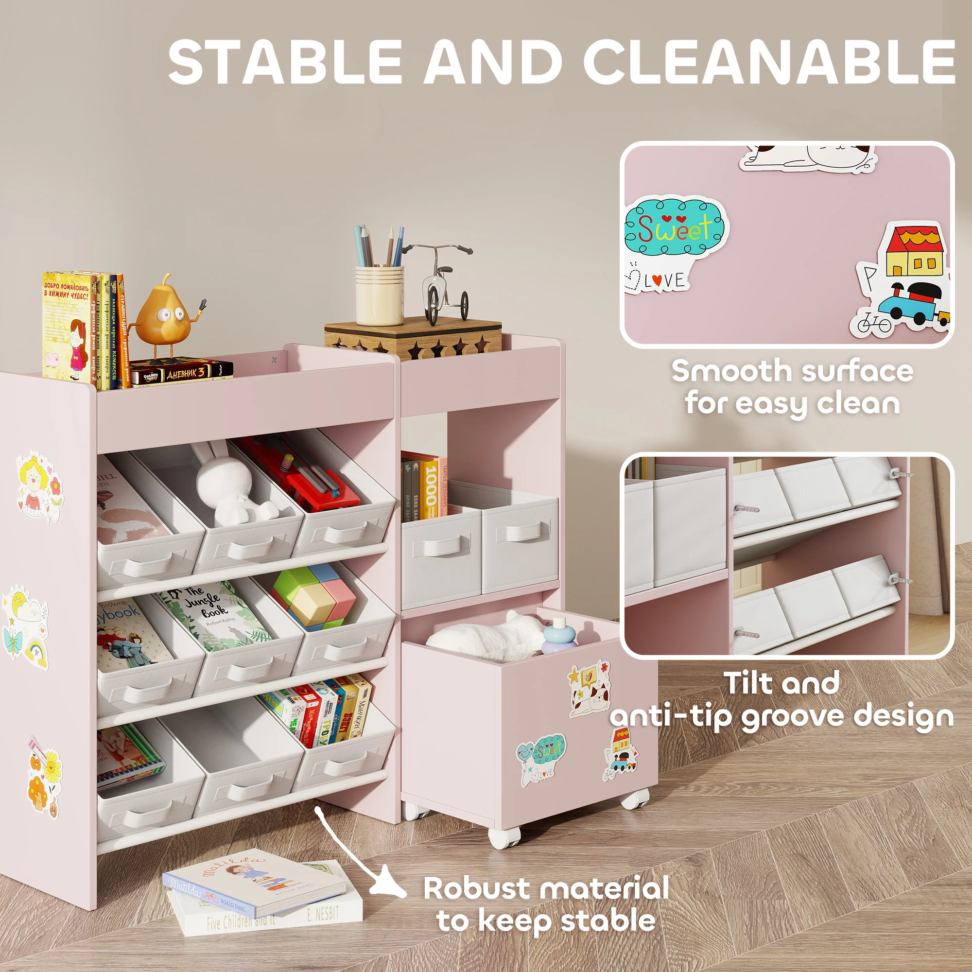 AIYAPLAY Kids Toy Storage Unit With 11 Fabric Bins, 3 Stickers, Pink - Image 4