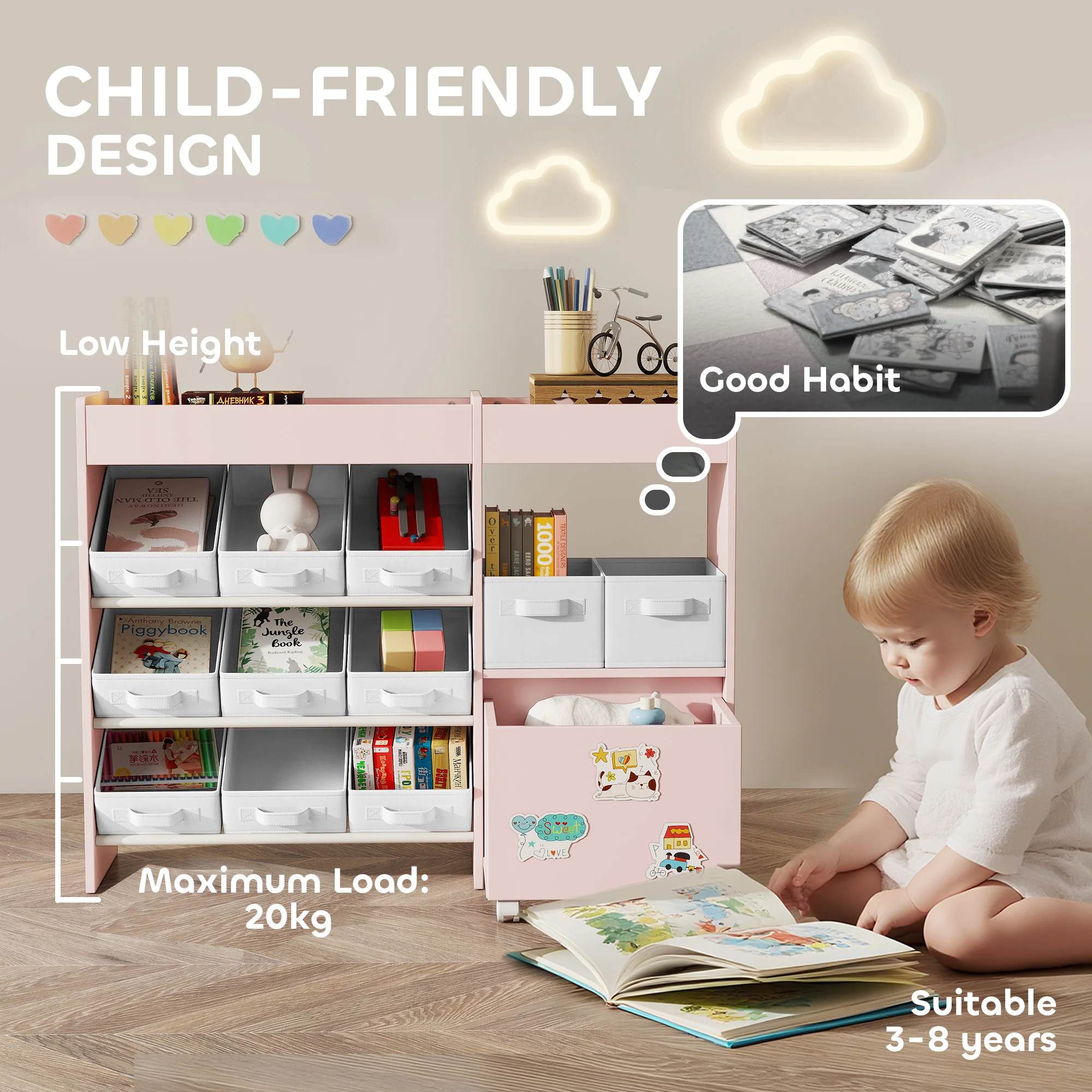 AIYAPLAY Kids Toy Storage Unit With 11 Fabric Bins, 3 Stickers, Pink - Image 7