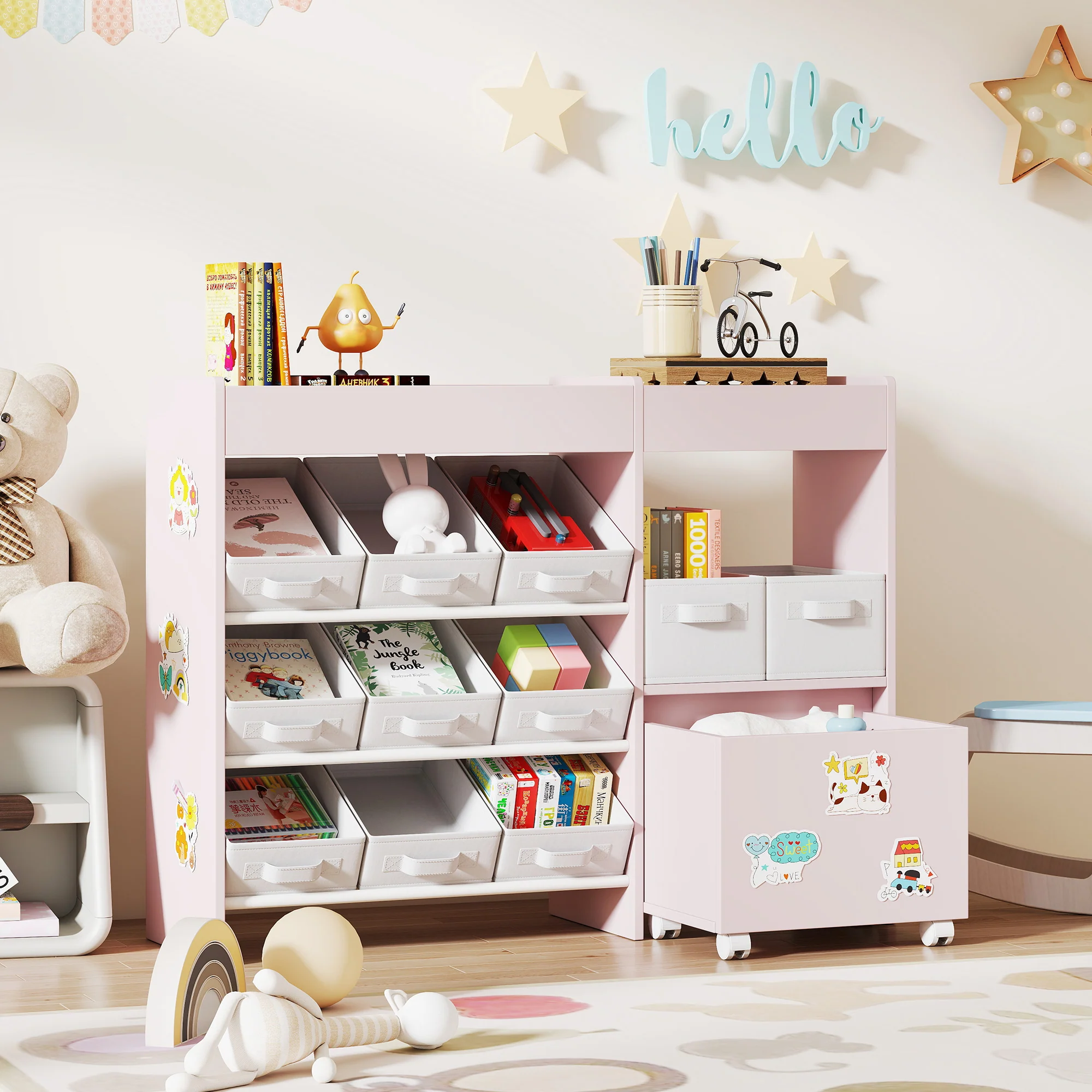 AIYAPLAY Kids Toy Storage Unit With 11 Fabric Bins, 3 Stickers, Pink - Image 8