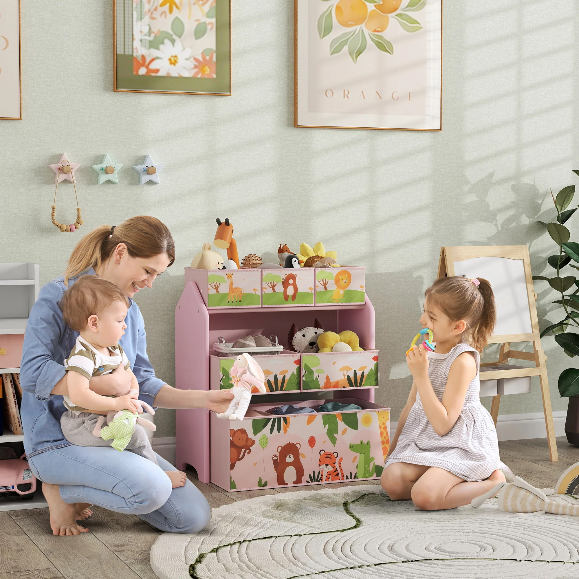 AIYAPLAY Kids Toy Storage Unit with 6 Storage Boxes for Playroom, Pink - Image 2