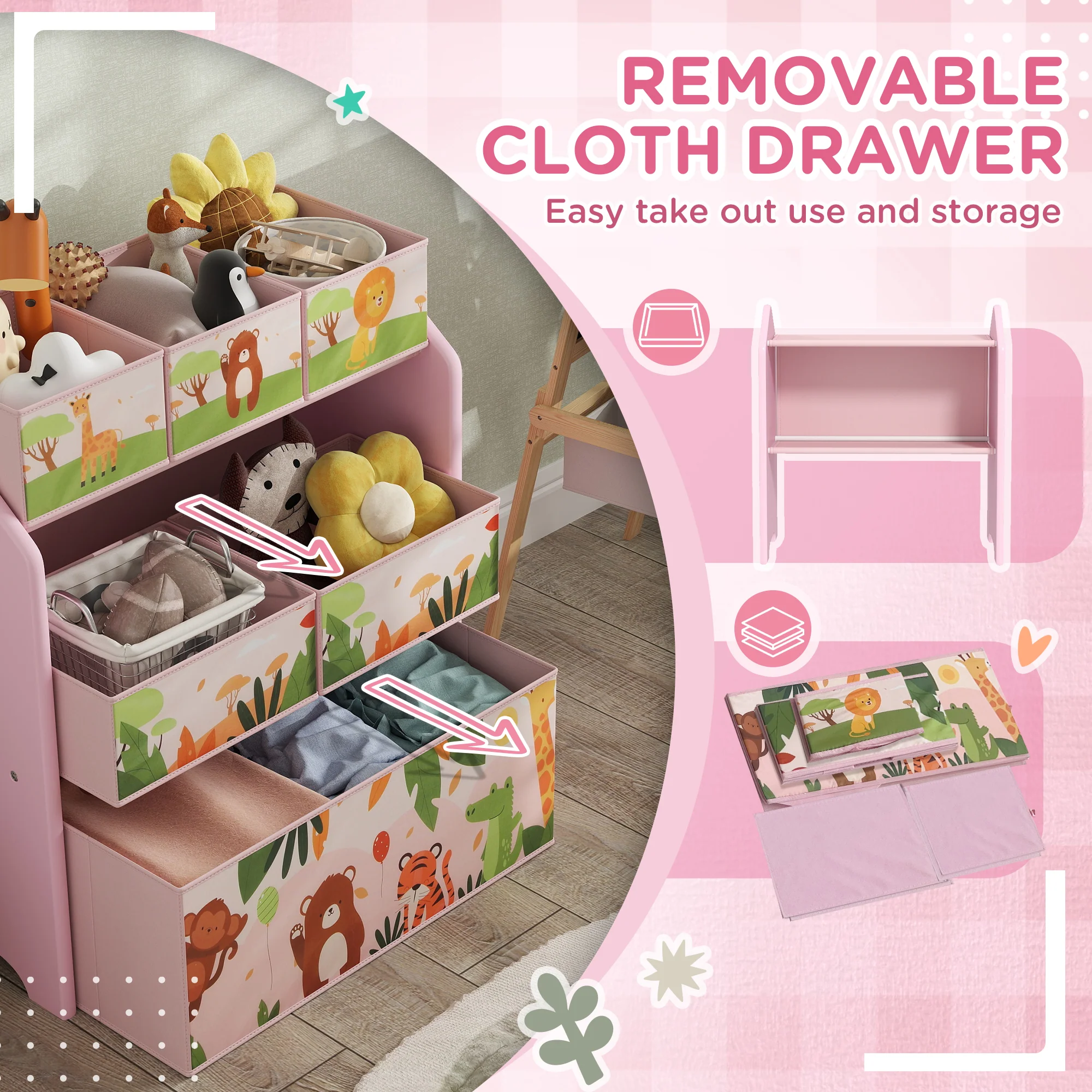 AIYAPLAY Kids Toy Storage Unit with 6 Storage Boxes for Playroom, Pink - Image 4