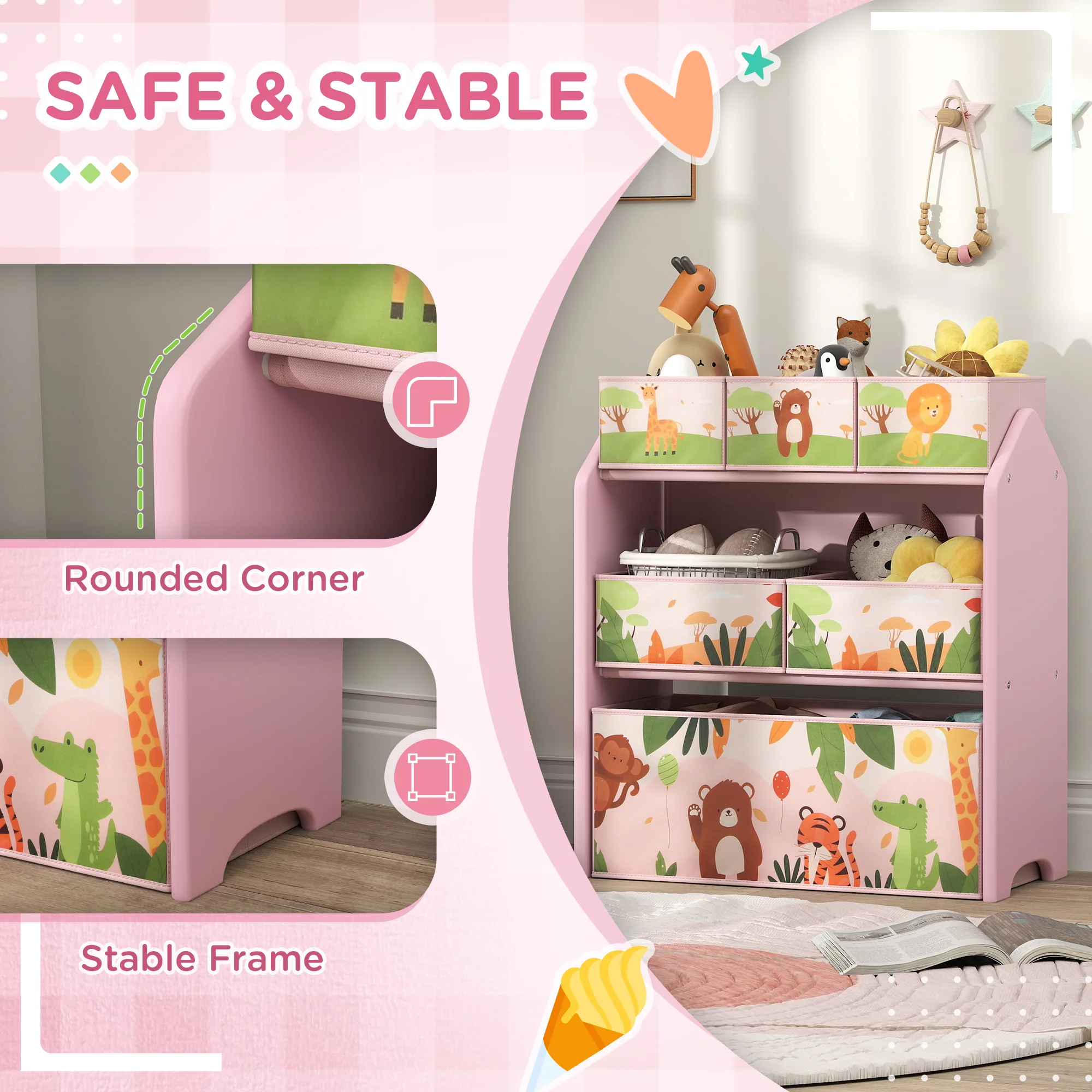 AIYAPLAY Kids Toy Storage Unit with 6 Storage Boxes for Playroom, Pink - Image 6
