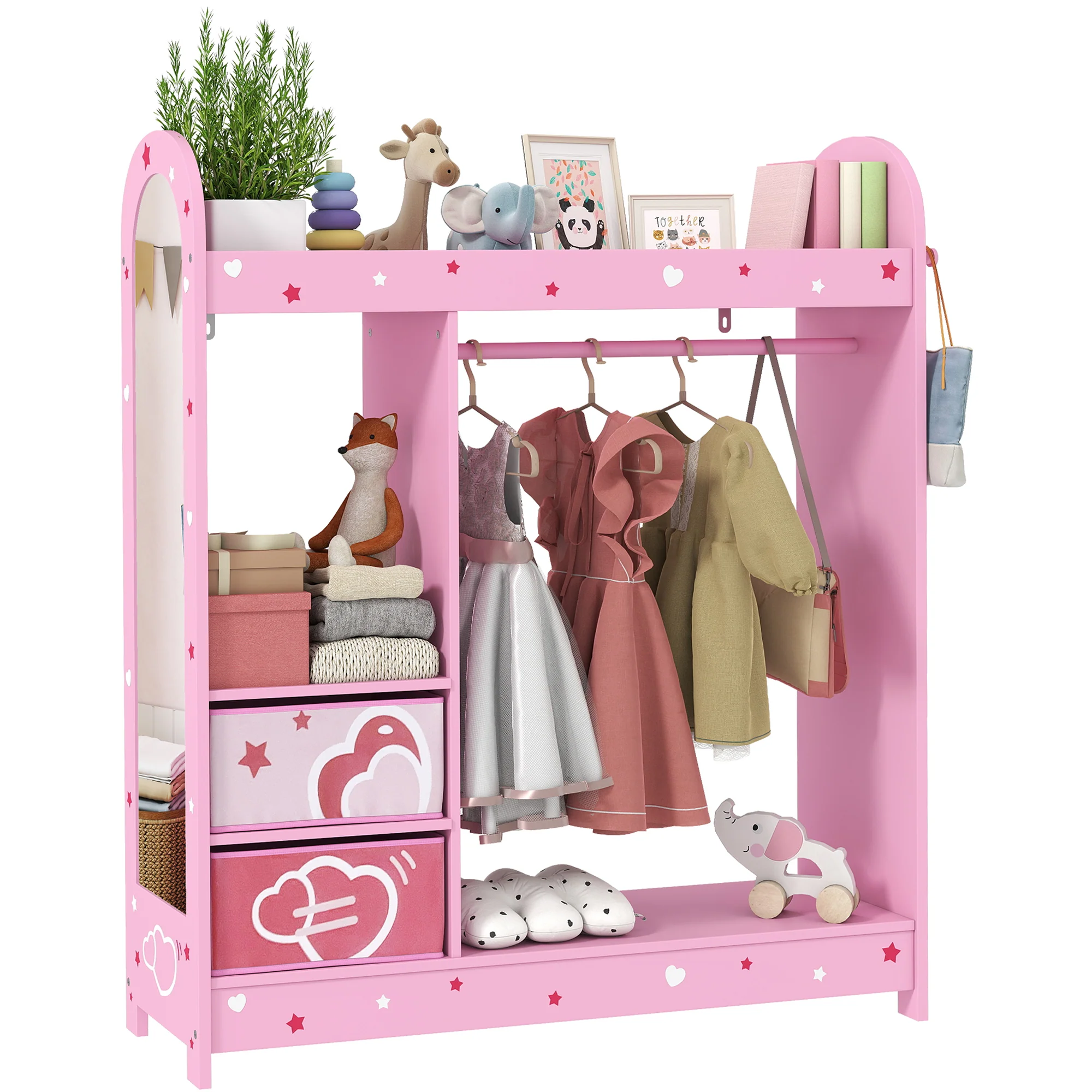 AIYAPLAY Kids Wardrobe, Kids Clothes Rail With Mirror For Bedroom, Pink