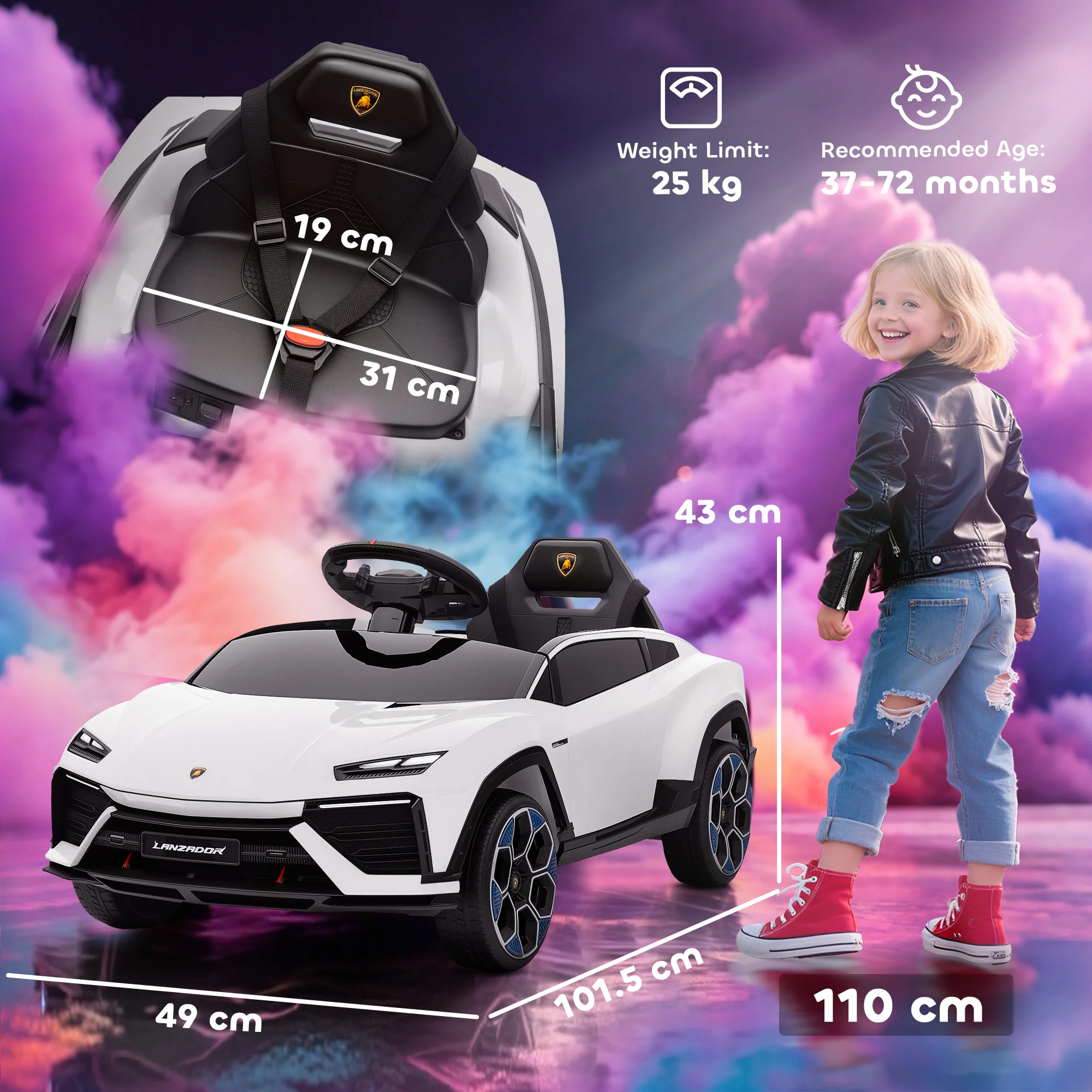 AIYAPLAY Licensed Lamborghini Electric Ride On Car With Suspension, White - Image 5