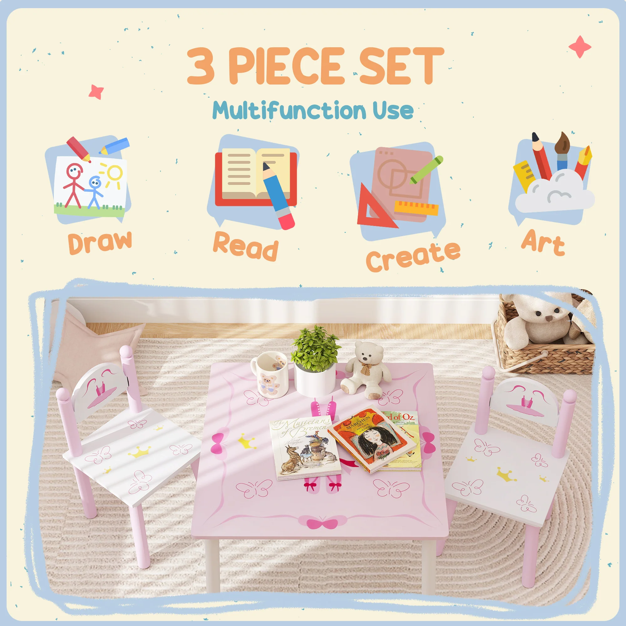 AIYAPLAY Princess Design Toddler Table and 2 Chairs Set, for Playroom - Image 3