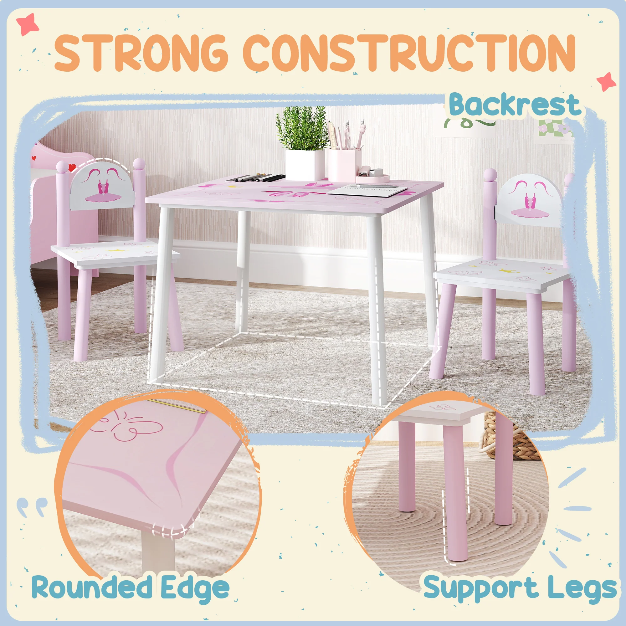 AIYAPLAY Princess Design Toddler Table and 2 Chairs Set, for Playroom - Image 6