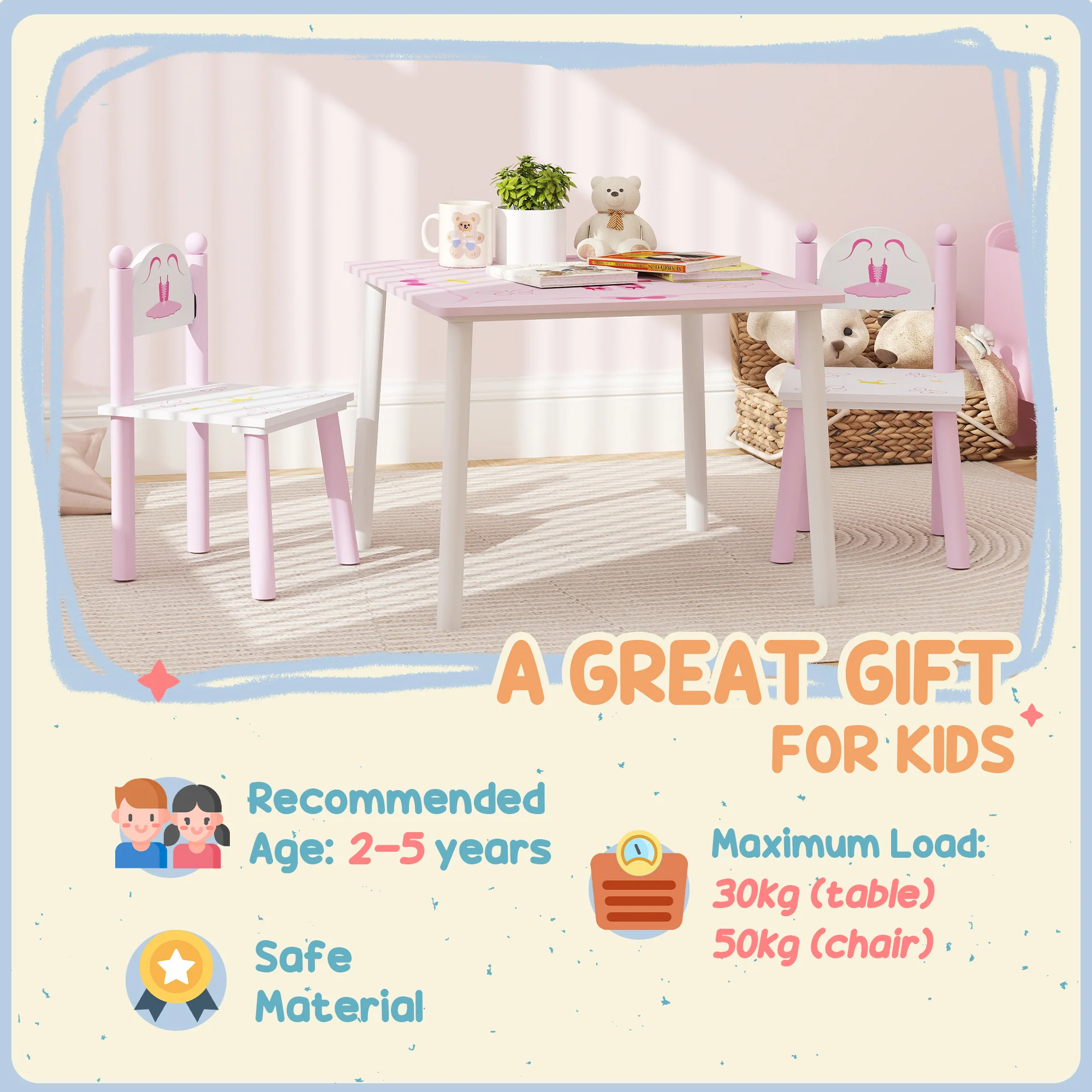 AIYAPLAY Princess Design Toddler Table and 2 Chairs Set, for Playroom - Image 7