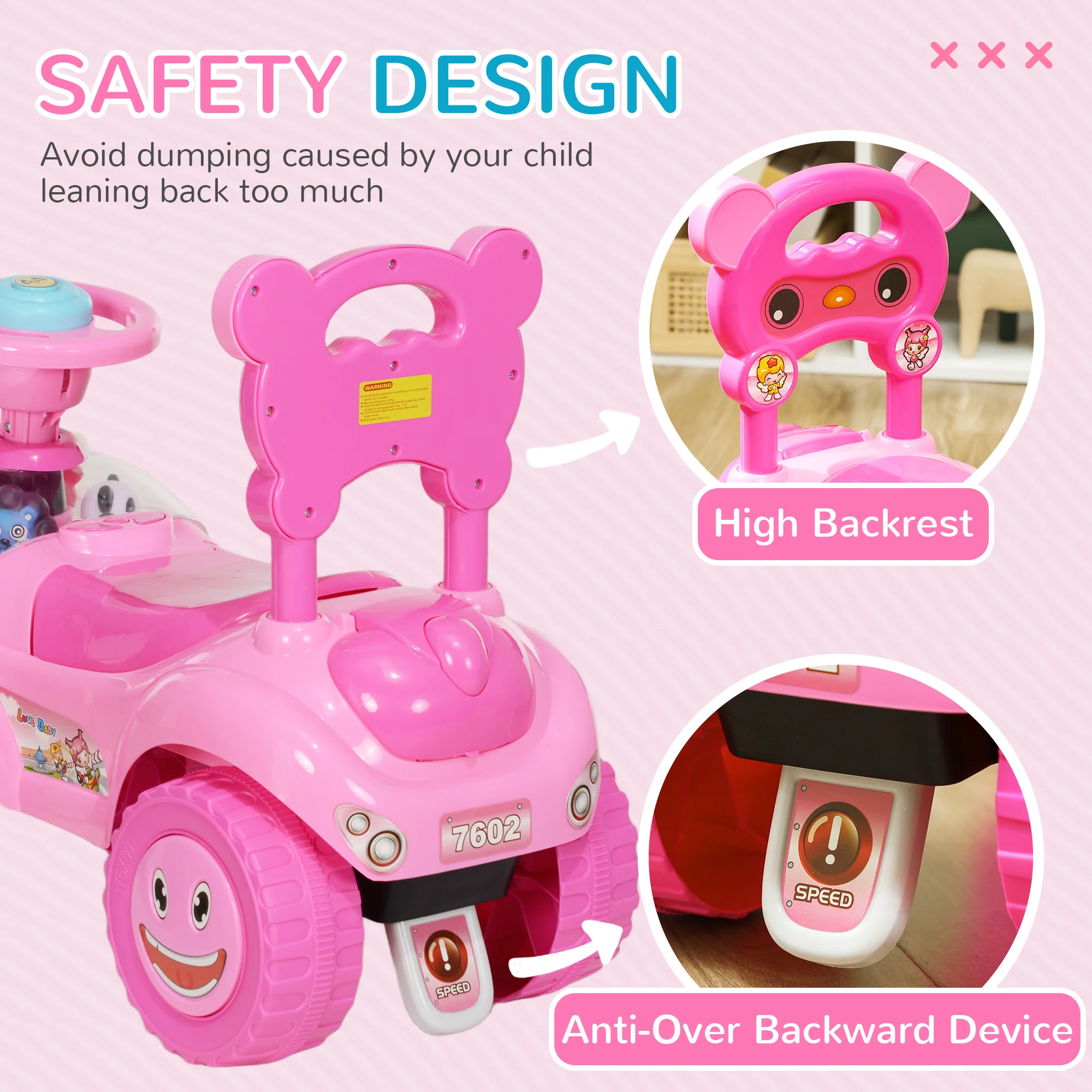 AIYAPLAY Ride on Toy, Foot to Floor Design with Music, Light, Horn, Pink - Image 3