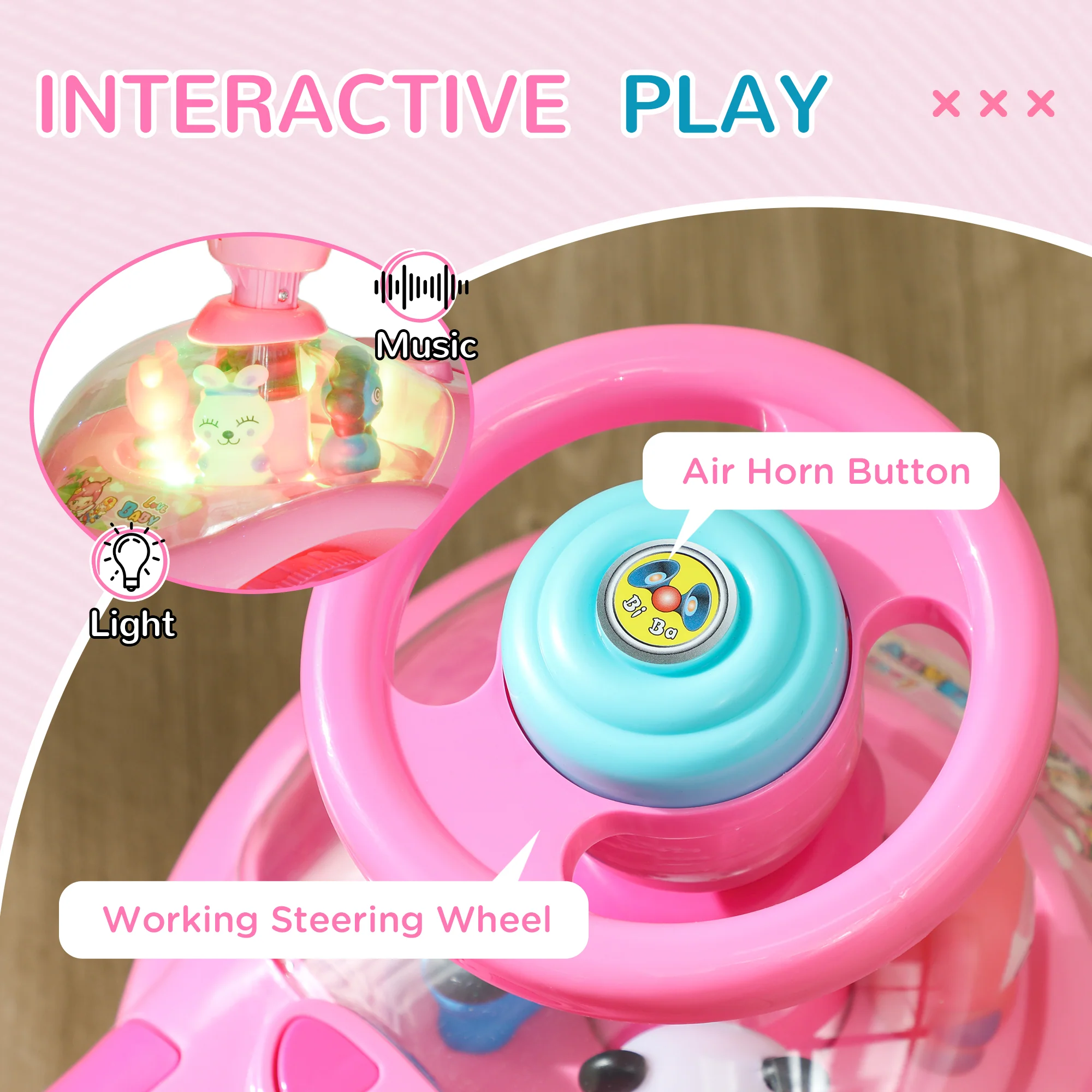 AIYAPLAY Ride on Toy, Foot to Floor Design with Music, Light, Horn, Pink - Image 4