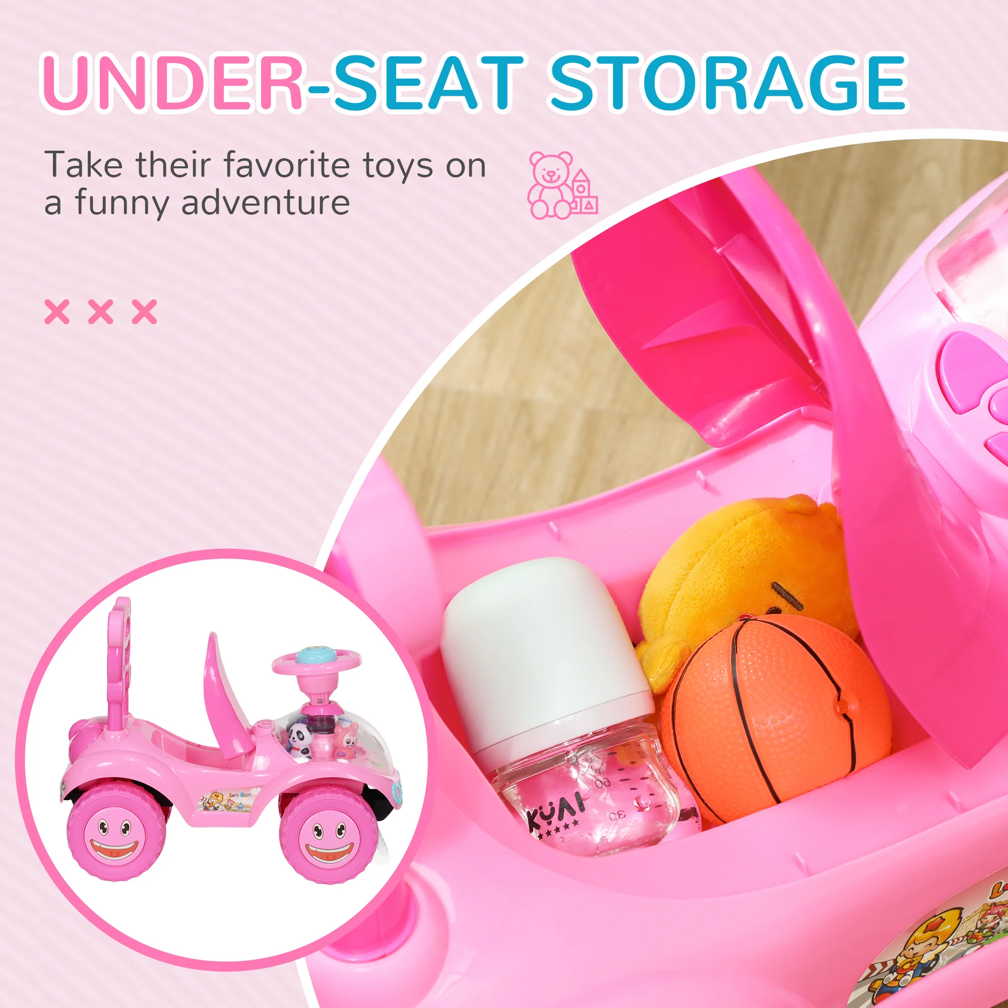 AIYAPLAY Ride on Toy, Foot to Floor Design with Music, Light, Horn, Pink - Image 6