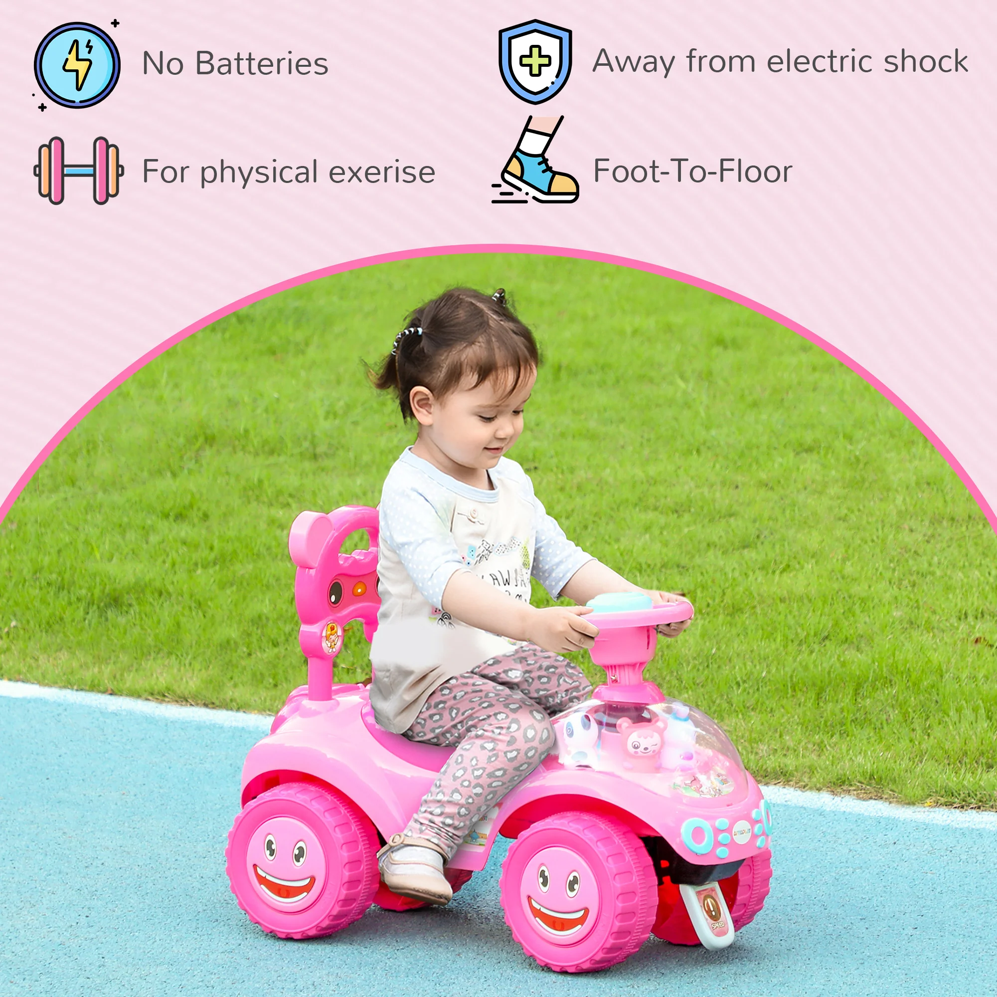 AIYAPLAY Ride on Toy, Foot to Floor Design with Music, Light, Horn, Pink - Image 7