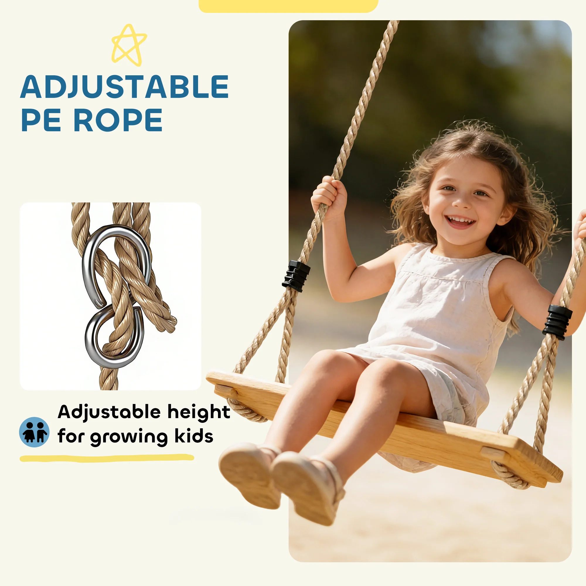 AIYAPLAY Swing Seat With Adjustable Wooden Seat For Kids - Image 3