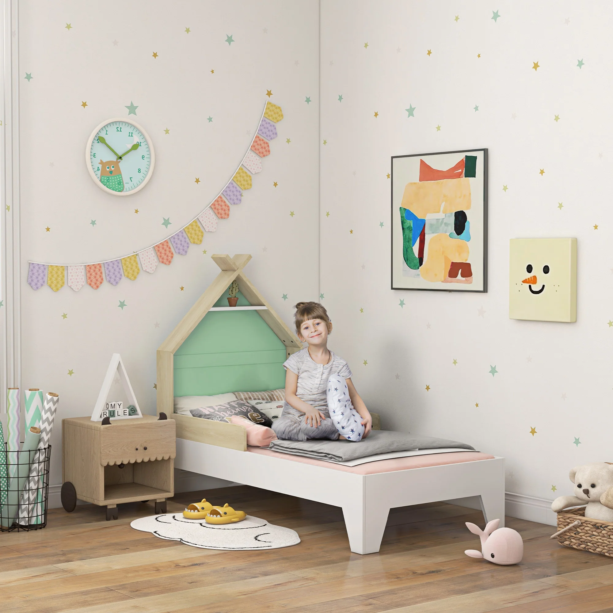 AIYAPLAY Toddler Bed Frame Bedroom Furniture w/ Guardrails, 144 x 74 x 110cm - Image 2