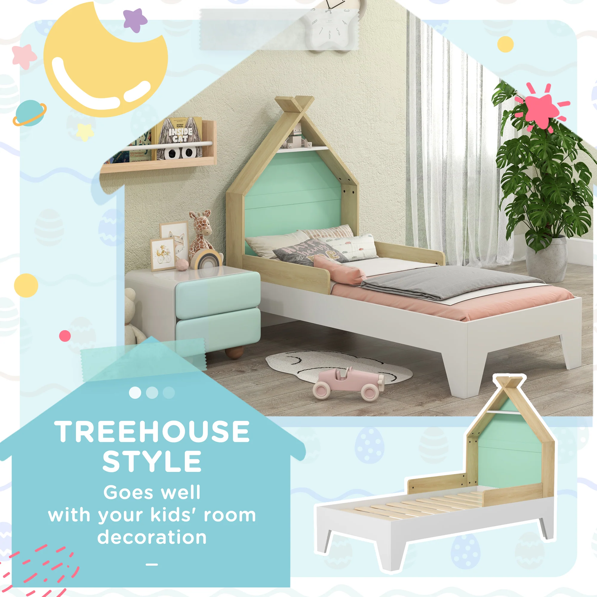 AIYAPLAY Toddler Bed Frame Bedroom Furniture w/ Guardrails, 144 x 74 x 110cm - Image 6