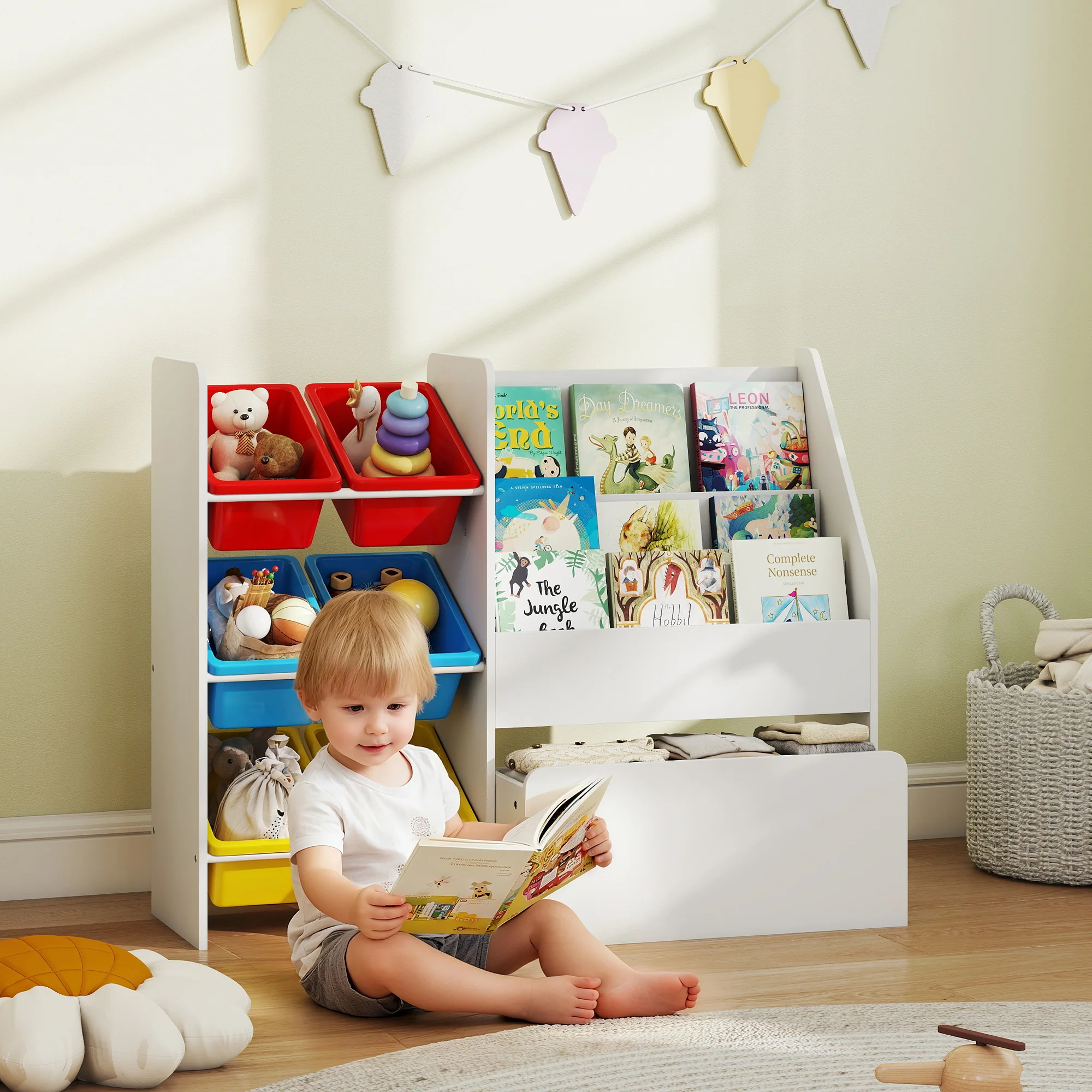 AIYAPLAY Toy Storage Unit, Childrens Bookcase with 6 Bins, Multicoloured - Image 2