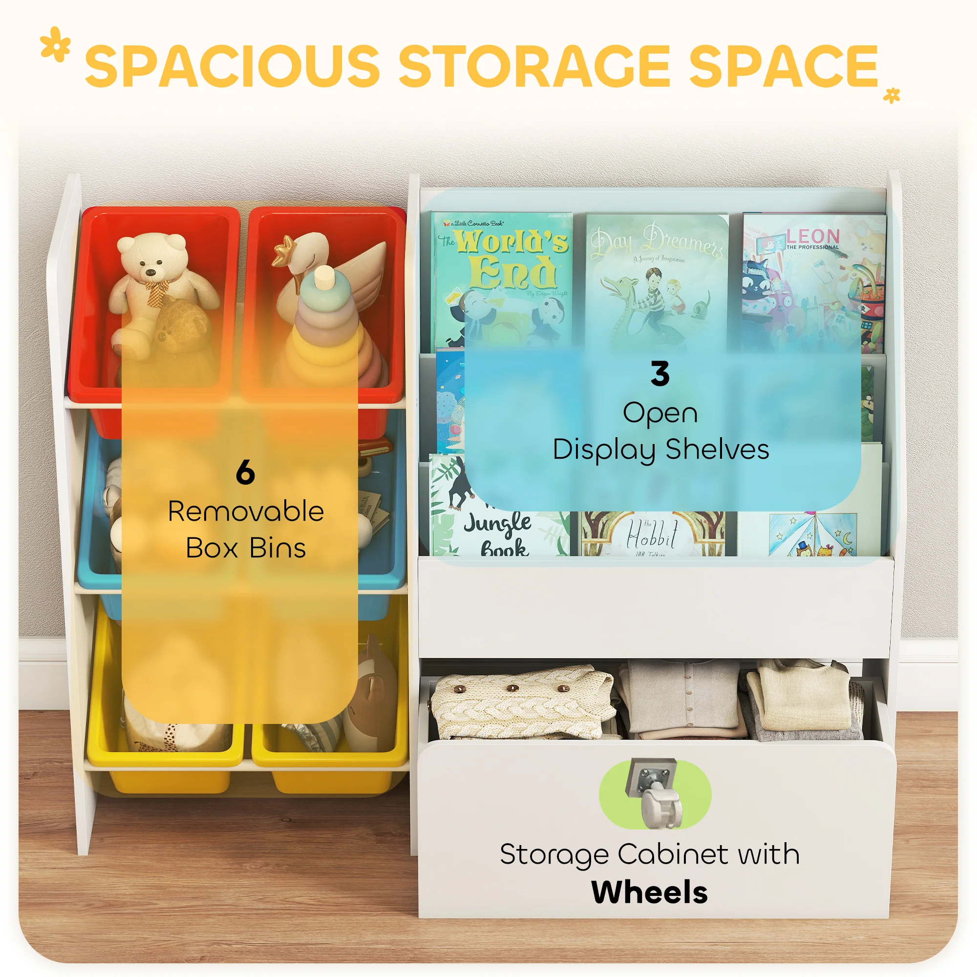 AIYAPLAY Toy Storage Unit, Childrens Bookcase with 6 Bins, Multicoloured - Image 3