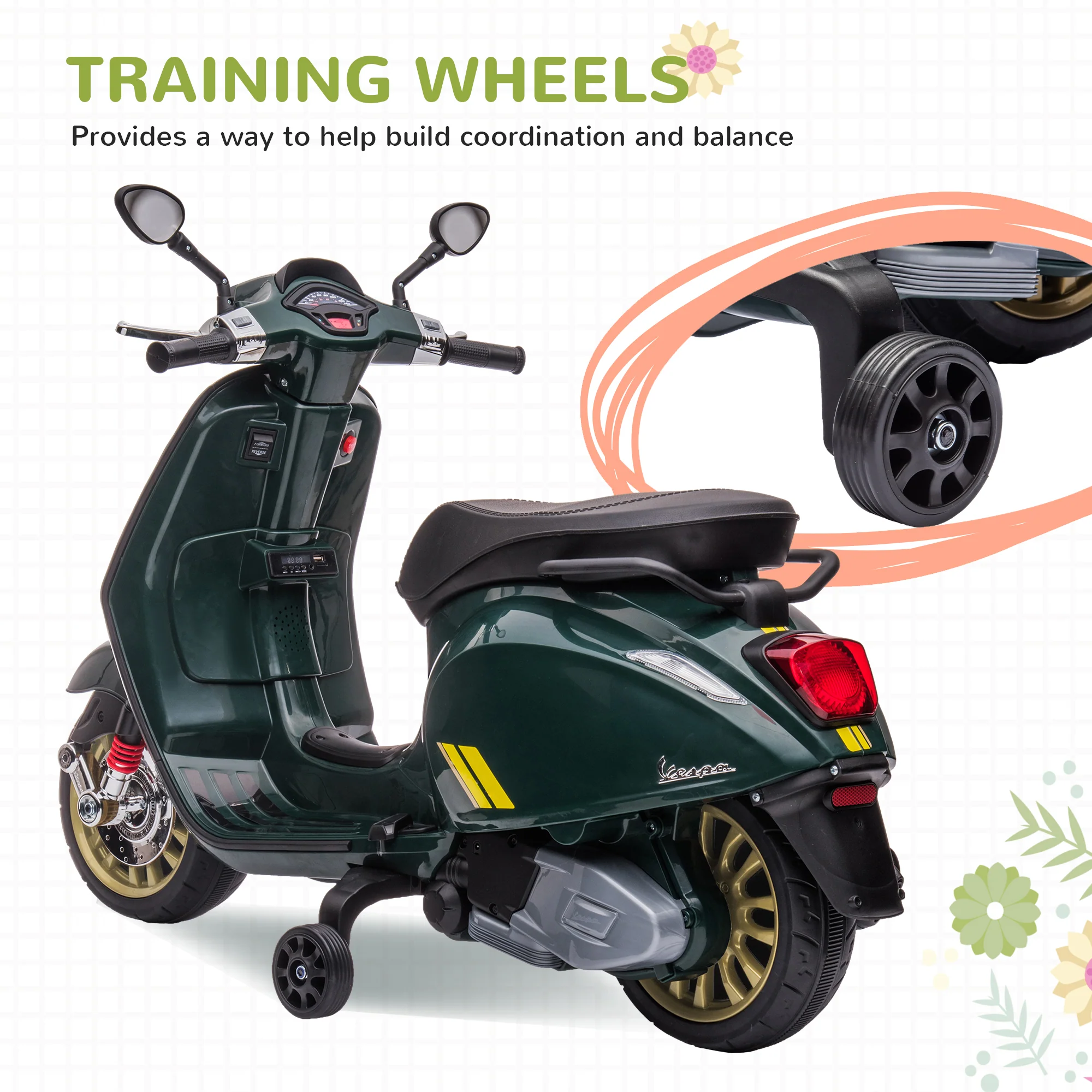 AIYAPLAY Vespa Licensed 12V Kids Electric Bike W/ 2 Training Wheels, White - Image 15