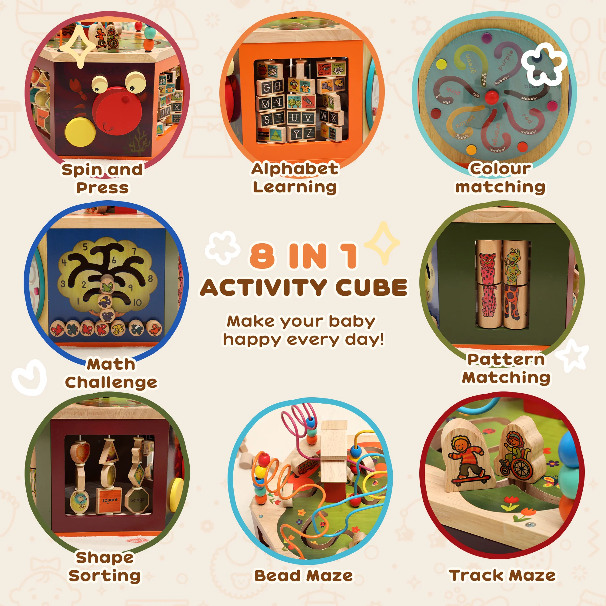 AIYAPLAY Wooden Activity Cube, 8 in 1 Baby Activity Cube Toys for 18M+ - Image 3