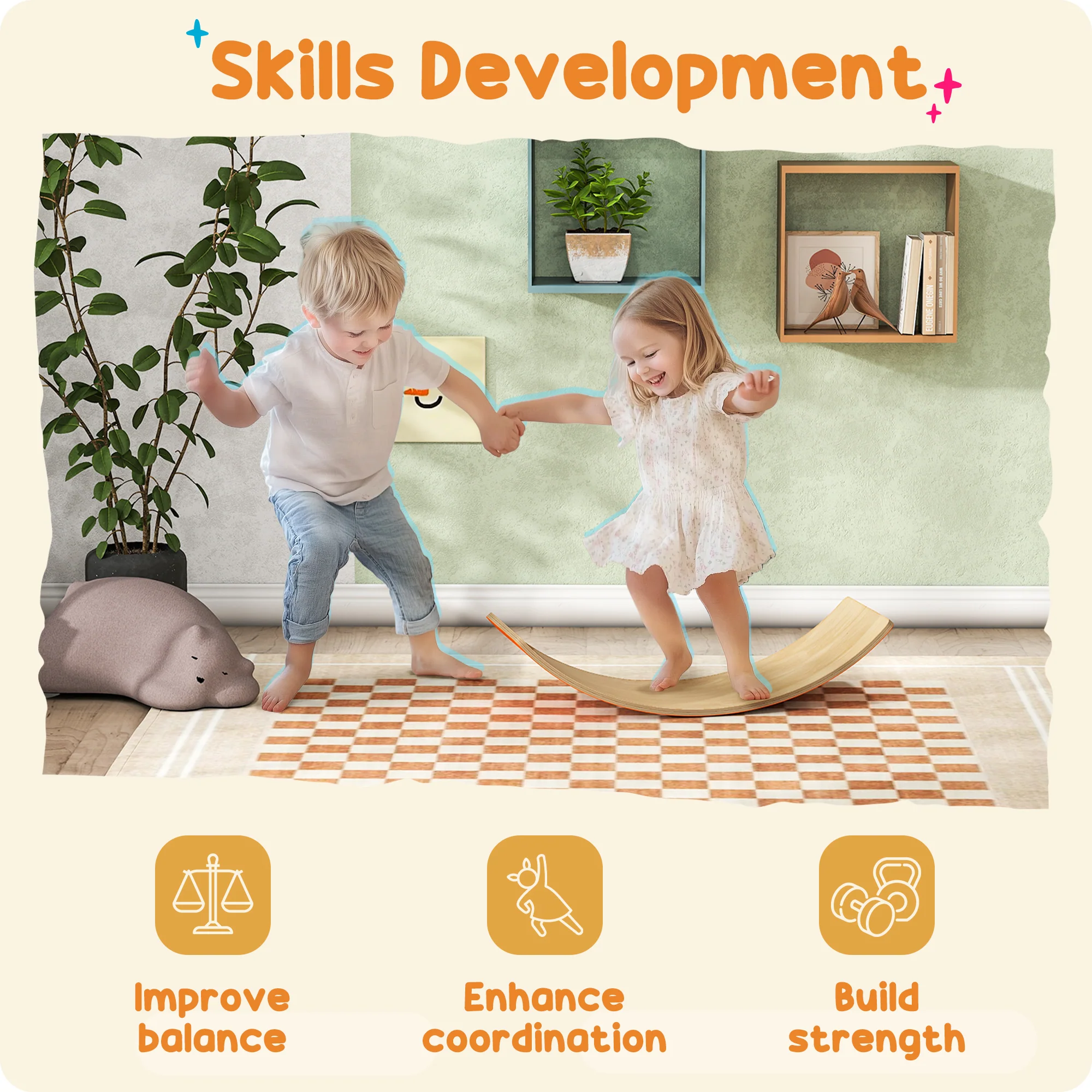 AIYAPLAY Wooden Balance Board For Kids, Wobble Board With Felt, Orange - Image 3