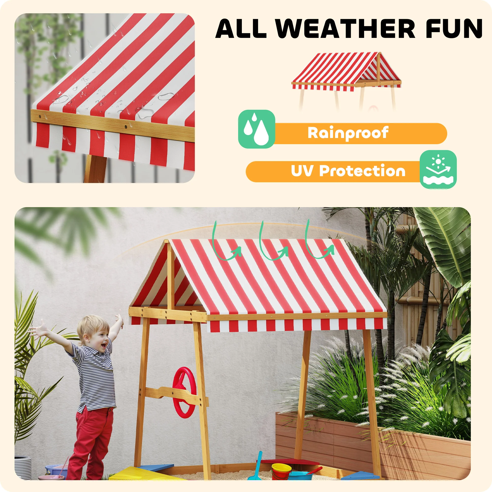 AIYAPLAY Wooden Kids Sandpit with Canopy, Seats, Rudder & Bottom Liner - Image 4
