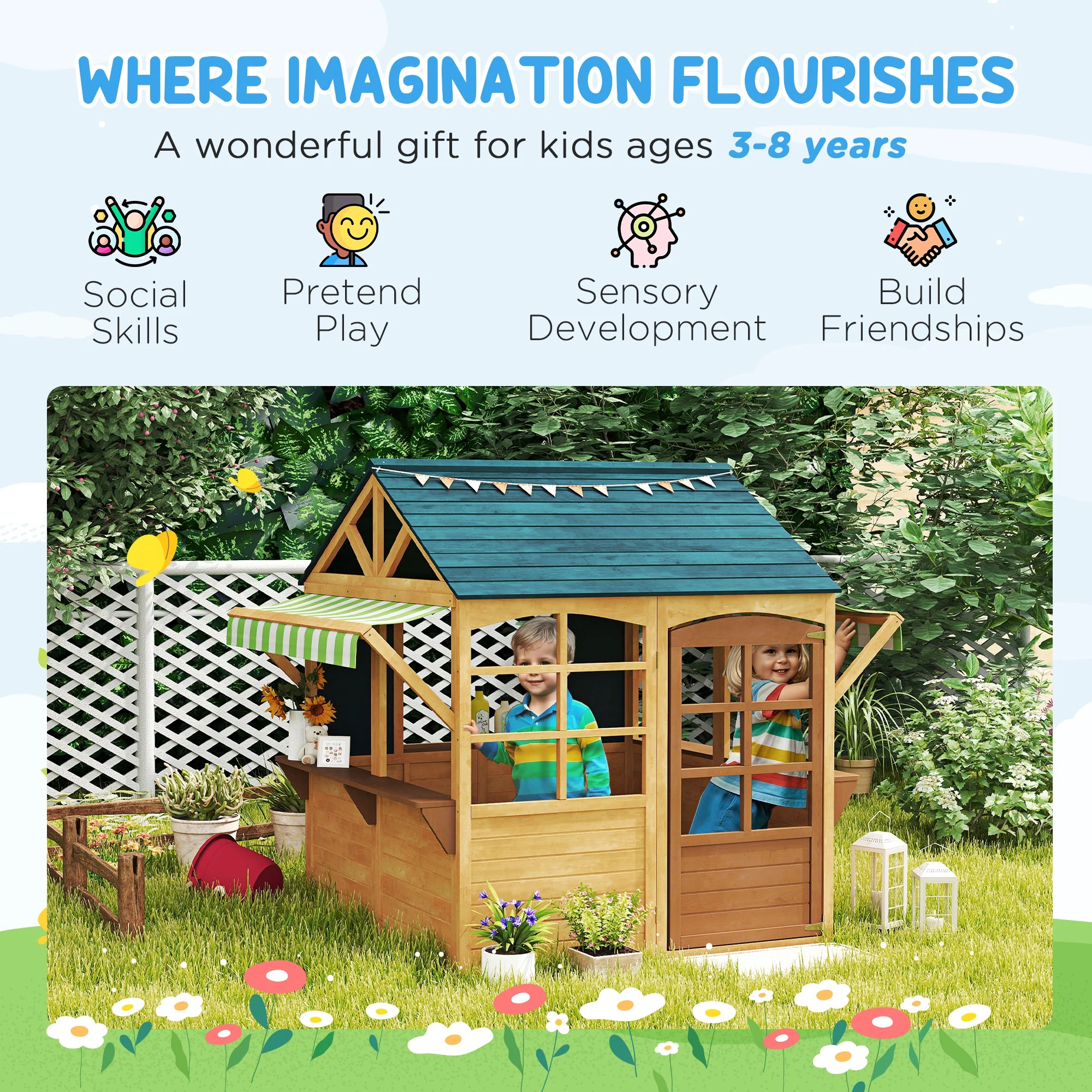 AIYAPLAY Wooden Playhouse For Kids Outdoor, Foldable Wendy House, Brown - Image 3