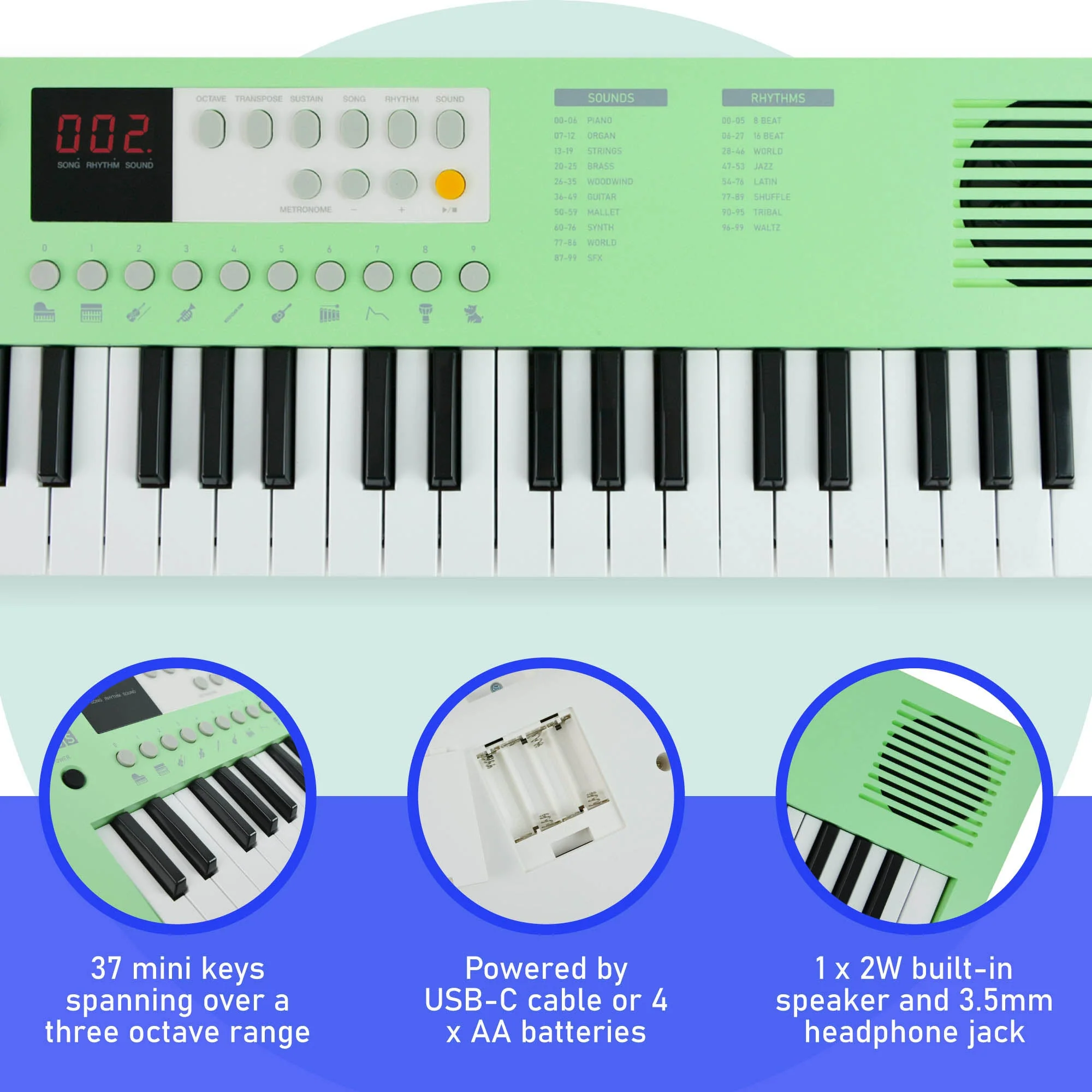 Axus 37 Mini Key Compact Keyboard - Mint Green - Image 2