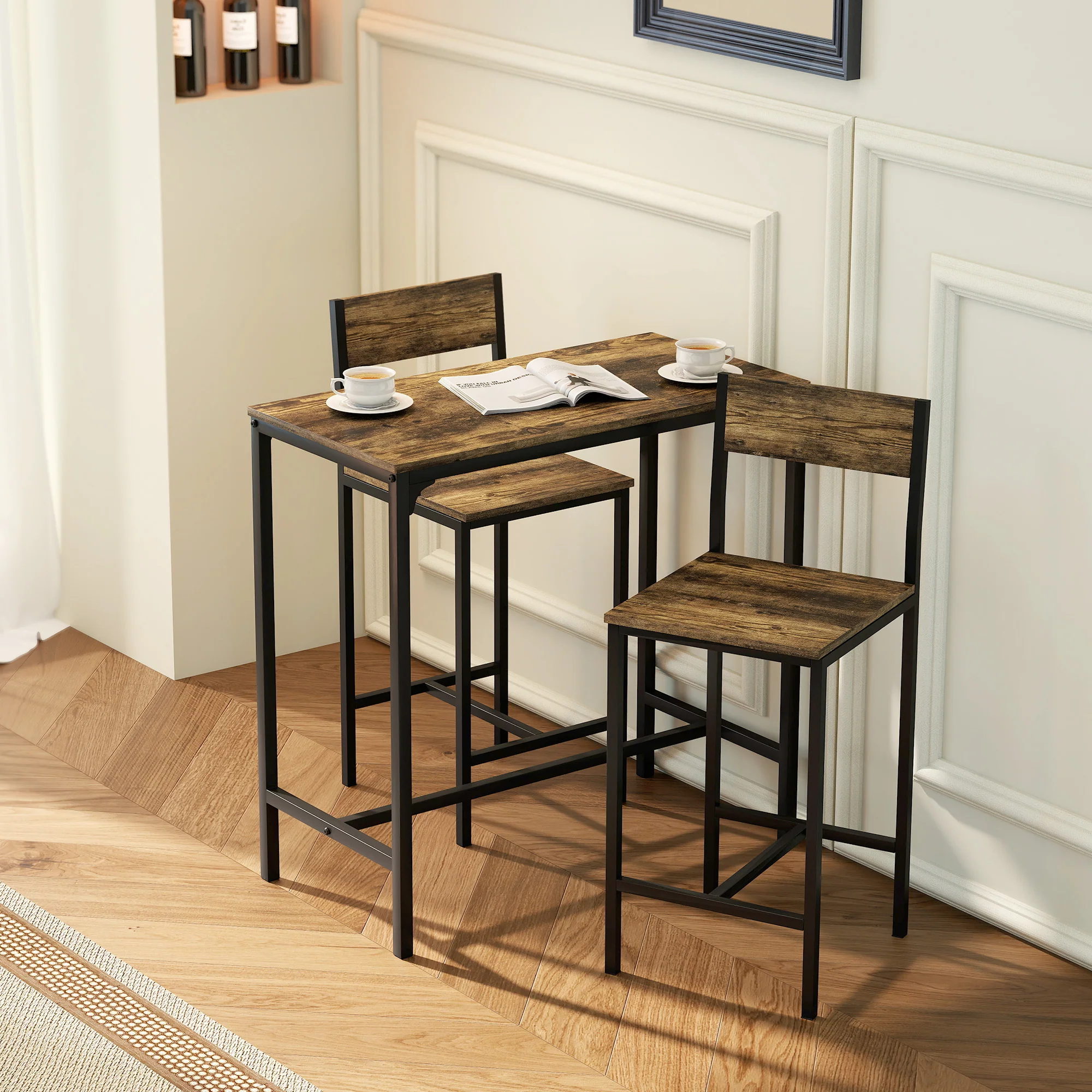 Bar Table and Stools Set, Kitchen Table and 2 Chairs with Backrest, Footrest - Image 2