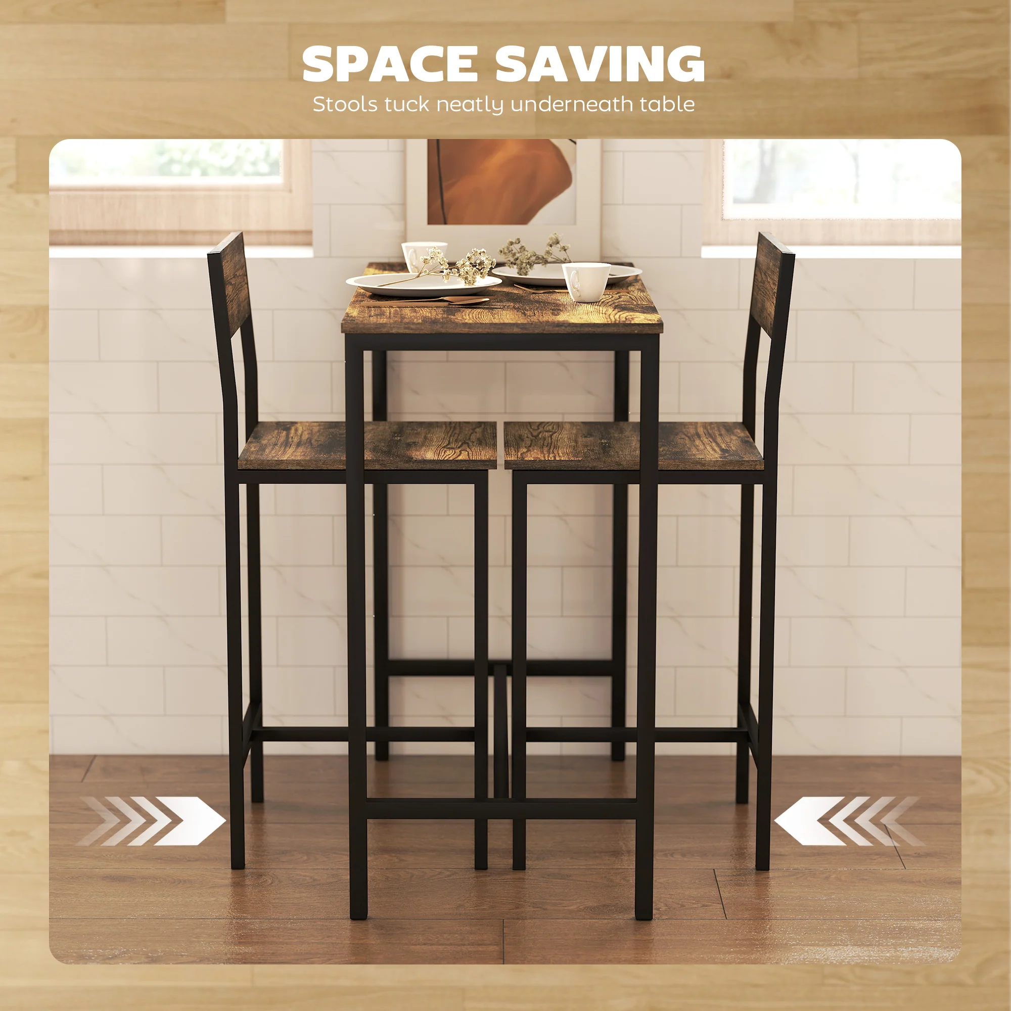 Bar Table and Stools Set, Kitchen Table and 2 Chairs with Backrest, Footrest - Image 4
