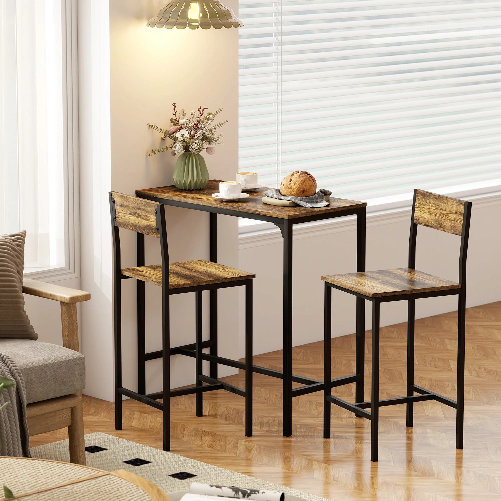 Bar Table and Stools Set, Kitchen Table and 2 Chairs with Backrest, Footrest - Image 6