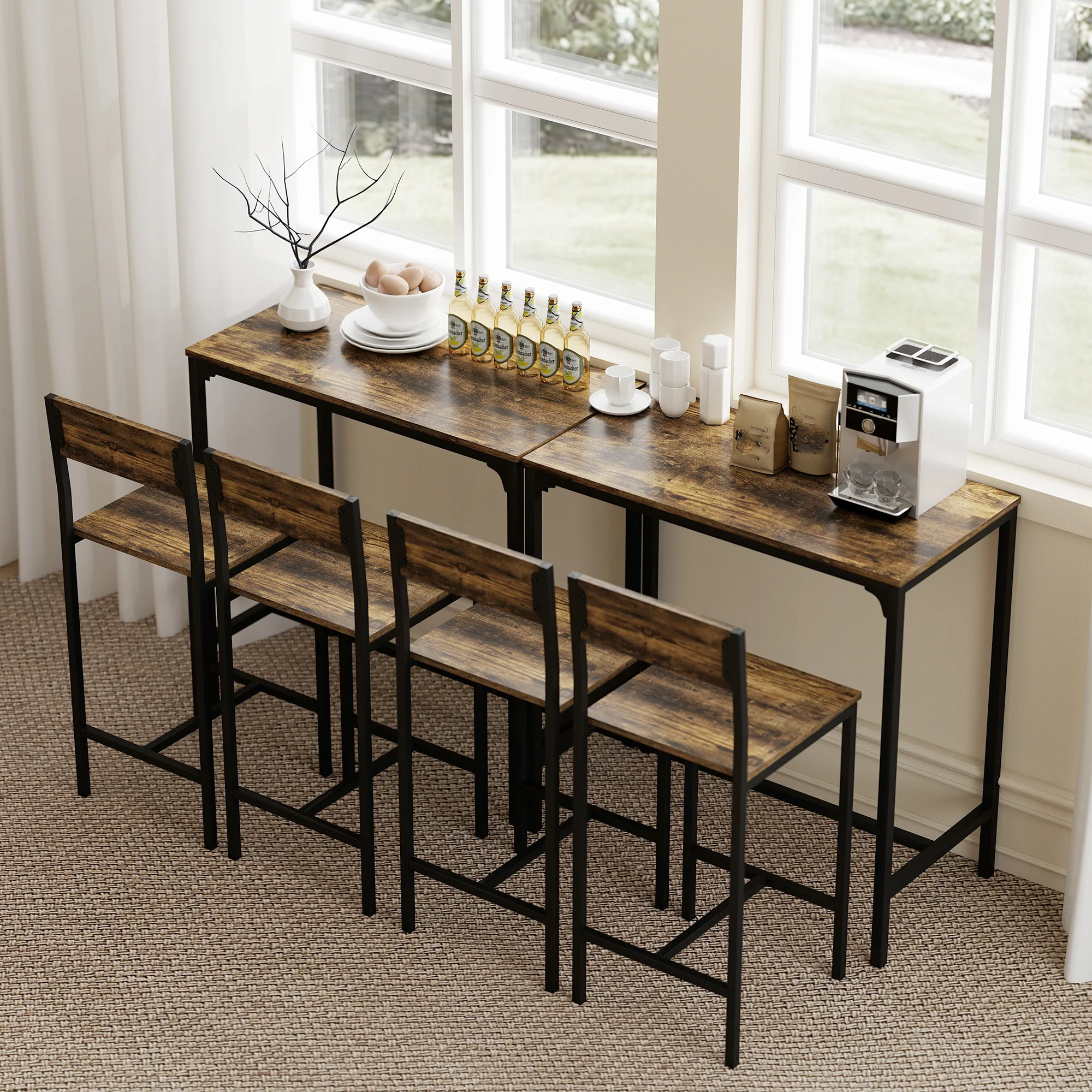 Bar Table and Stools Set, Kitchen Table and 2 Chairs with Backrest, Footrest - Image 8
