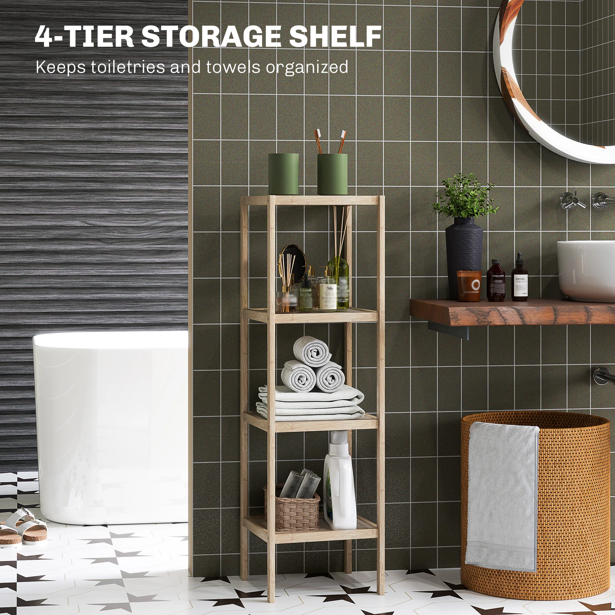 Bathroom Storage Shelving Unit, Freestanding Bamboo Shelves, Natural - Image 3