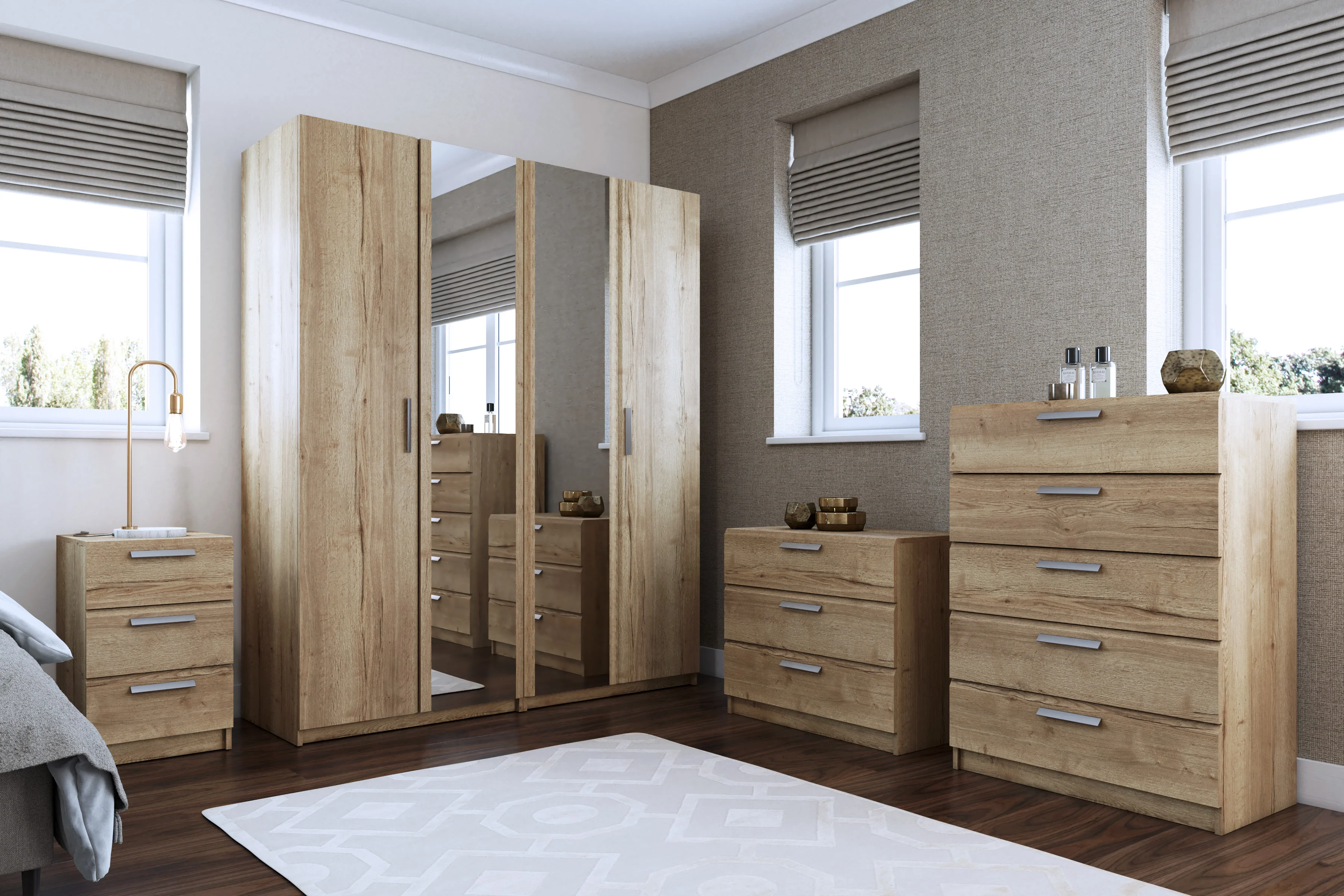 Buckingham Ready Assembled Bedside Table with 3 Drawers - Natural Rustic Oak - Image 6
